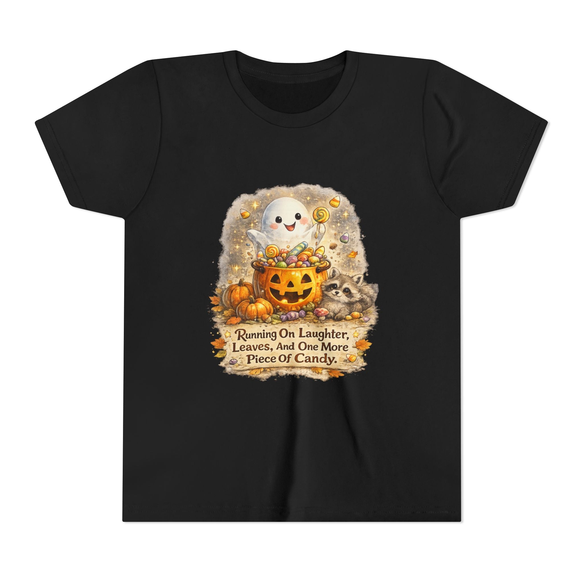 Cute Ghost, Pumpkin Candy & 'Running On Laughter, Leaves, And One More Piece Of Candy' — Youth Halloween Tee