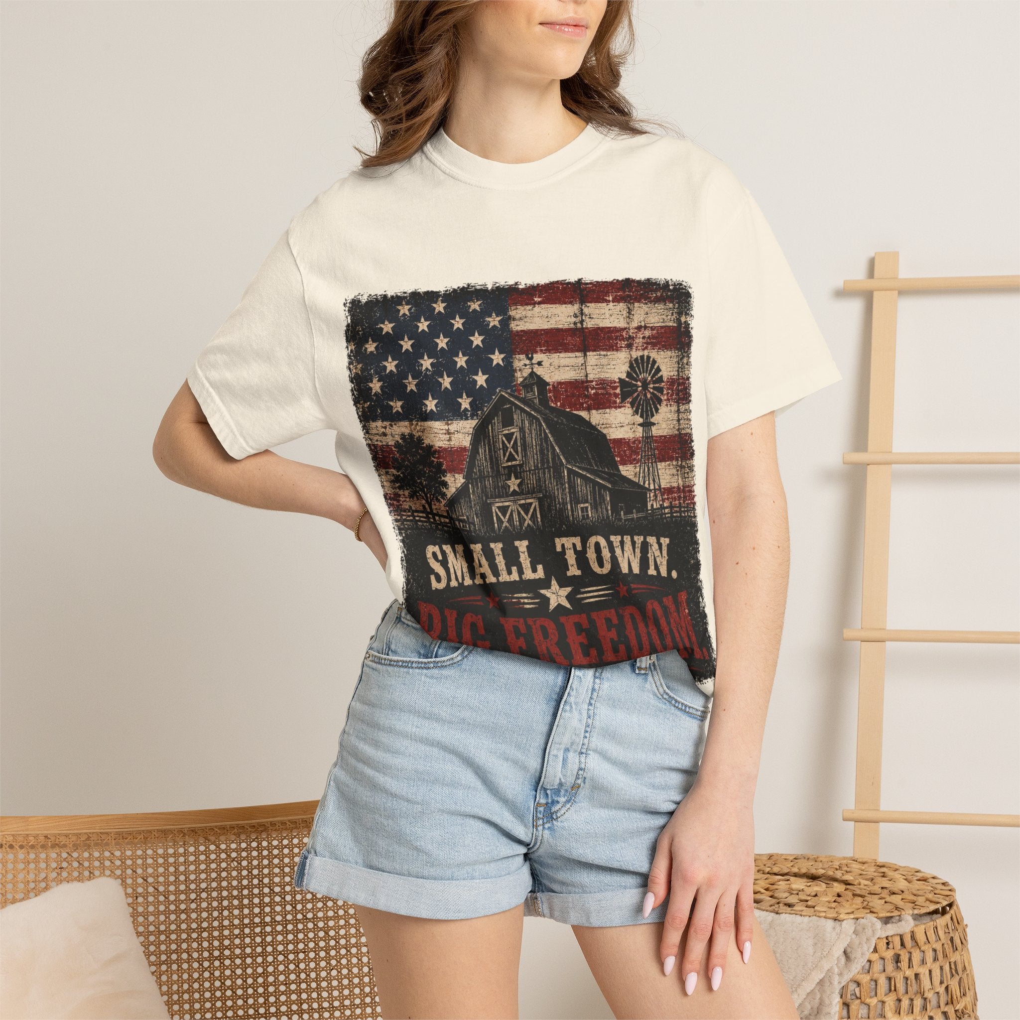 Small Town Big Freedom T-Shirt — Vintage American Flag Barn Patriotic Tee