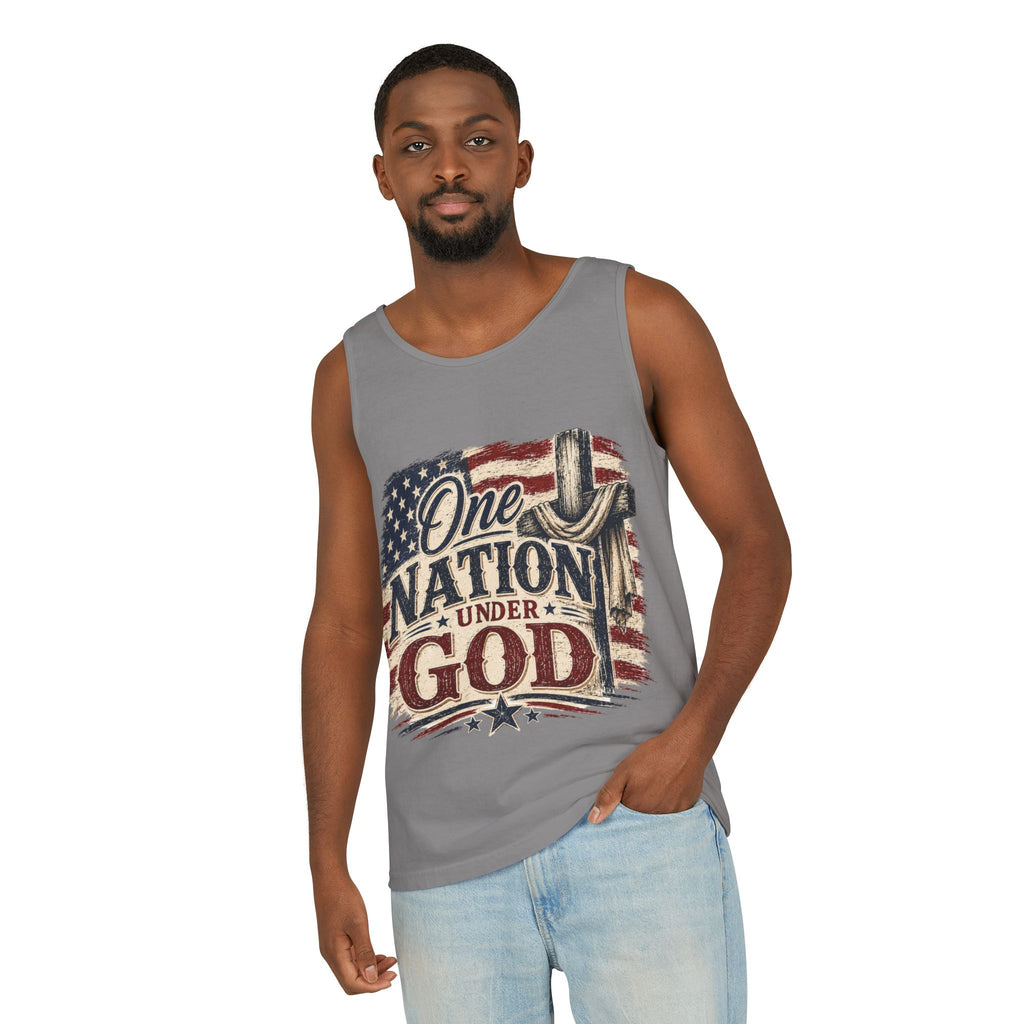 One Nation Under God Tank Top — Patriotic American Flag & Cross Sleeveless Tee