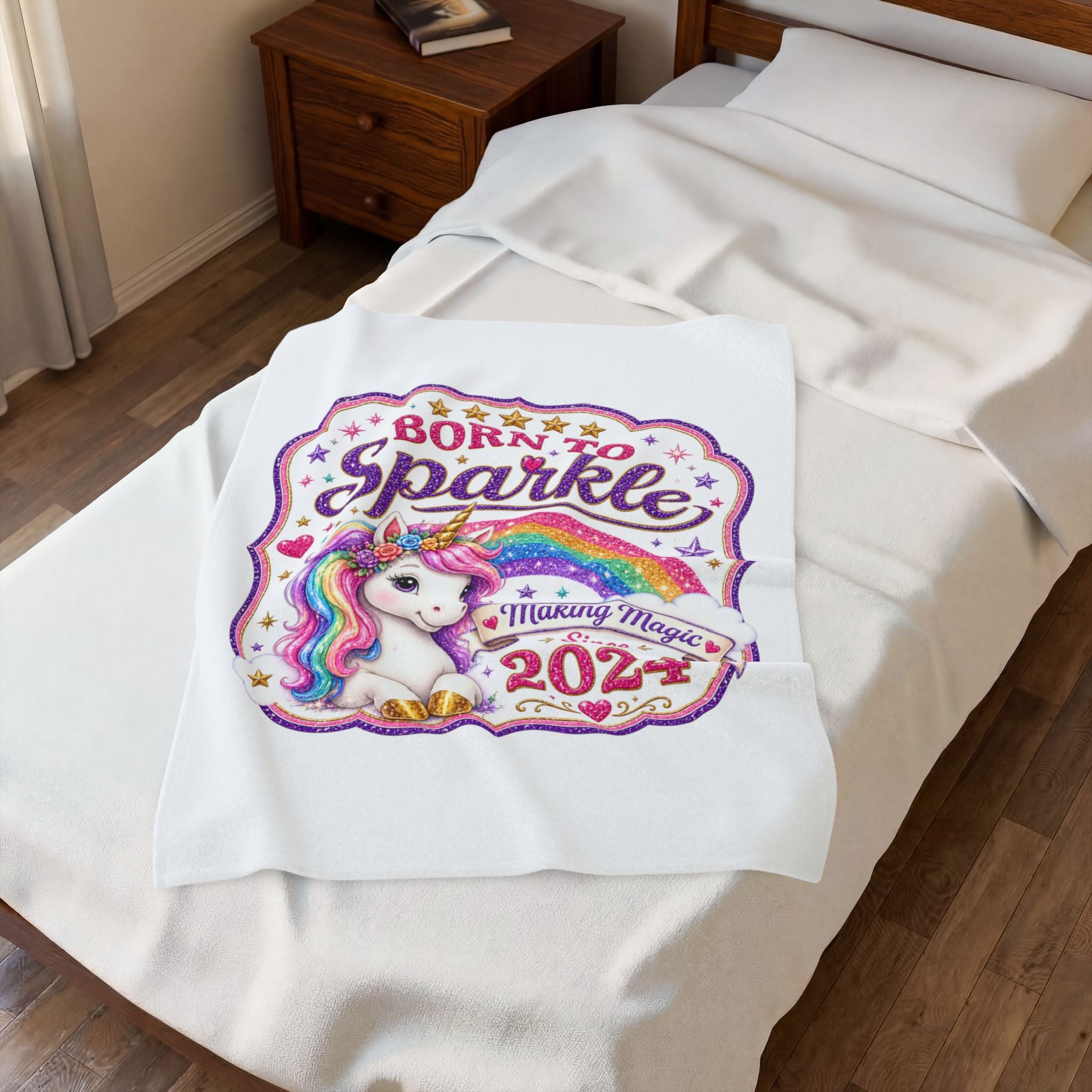 Born to Sparkle Unicorn Plush Blanket — "Making Magic Since 2024" Velveteen Throw