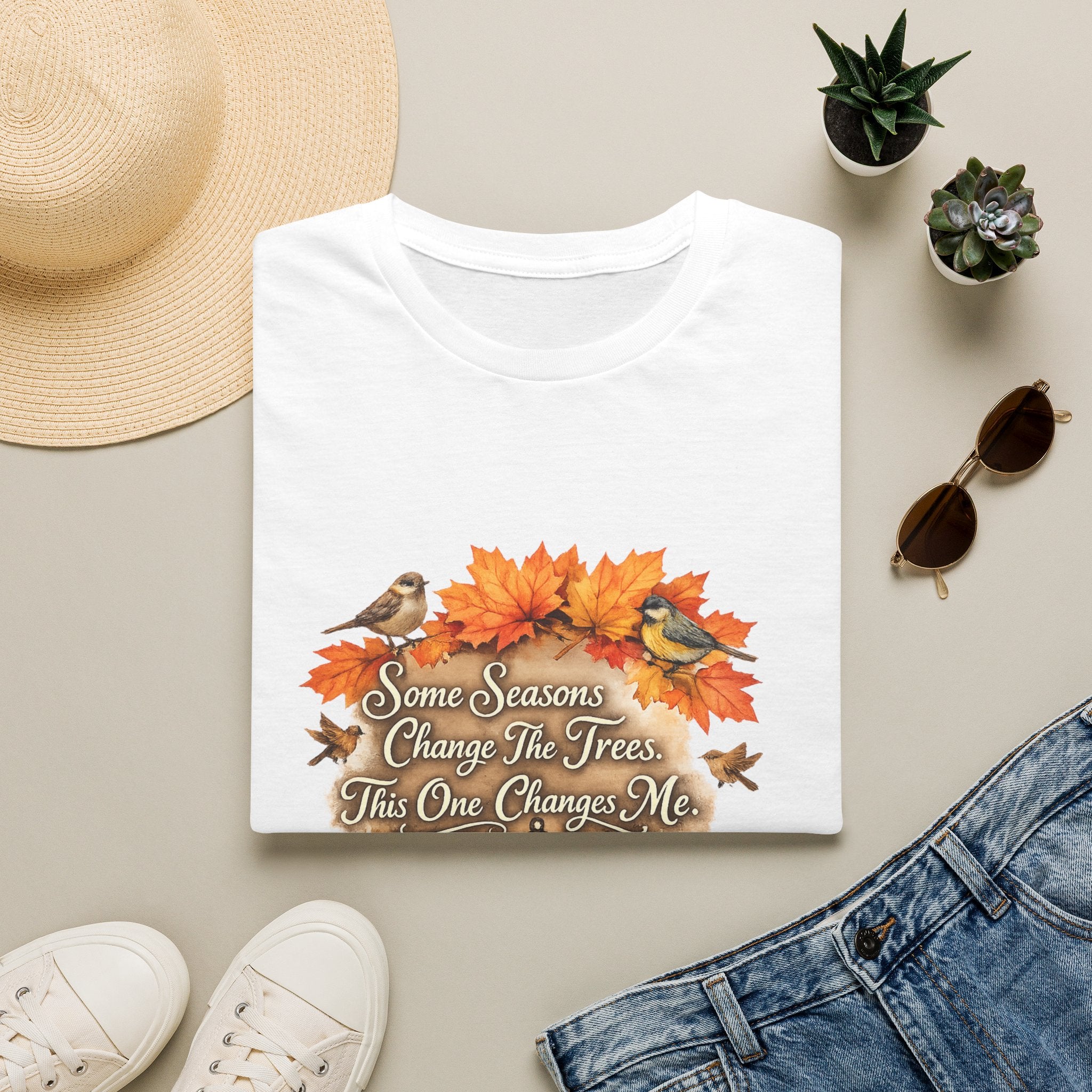 "Some Seasons Change The Trees, This One Changes Me" Autumn Bird Tee — Fall Leaves T-Shirt