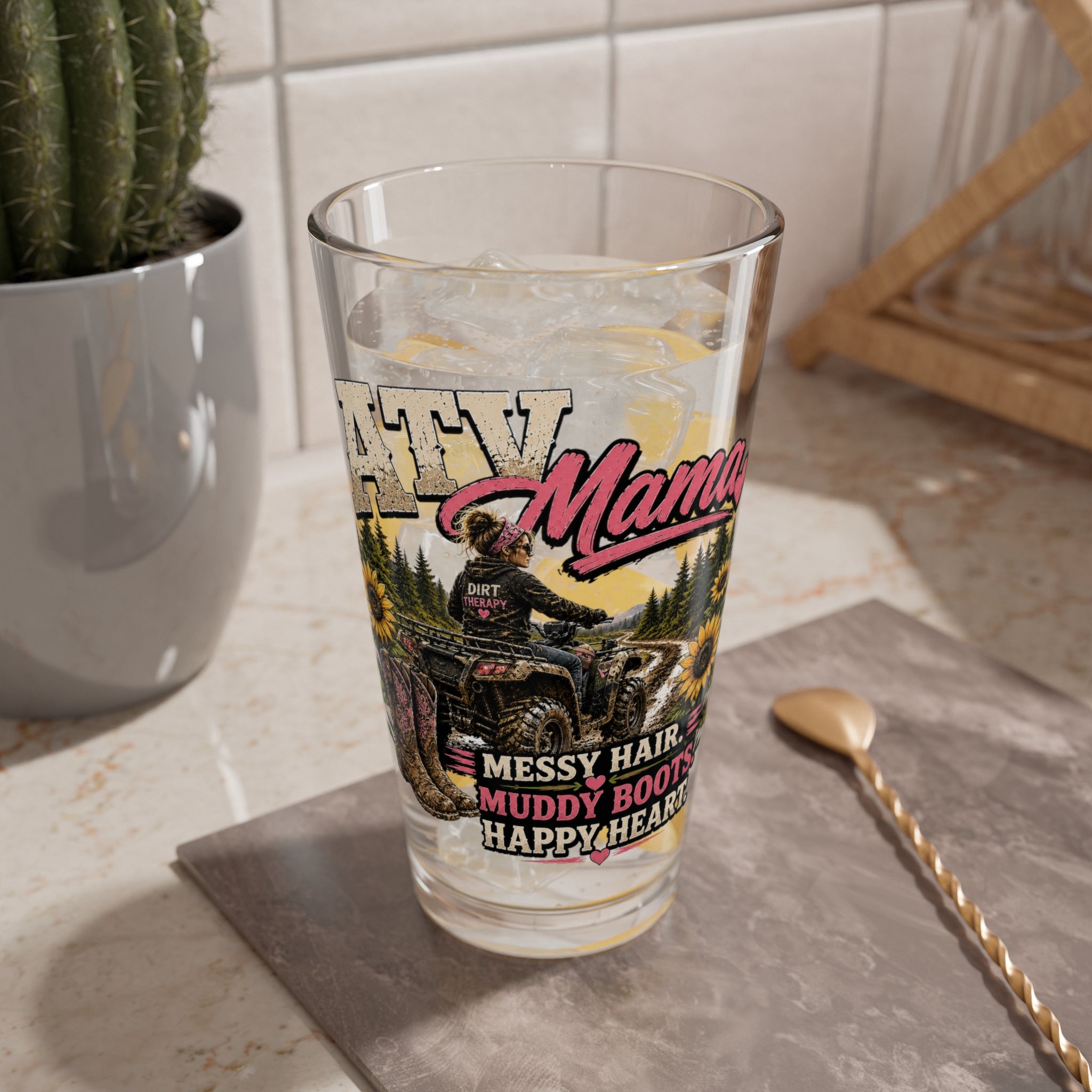 ATV Mama 16oz Mixing Glass — Messy Hair, Muddy Boots Graphic Pint