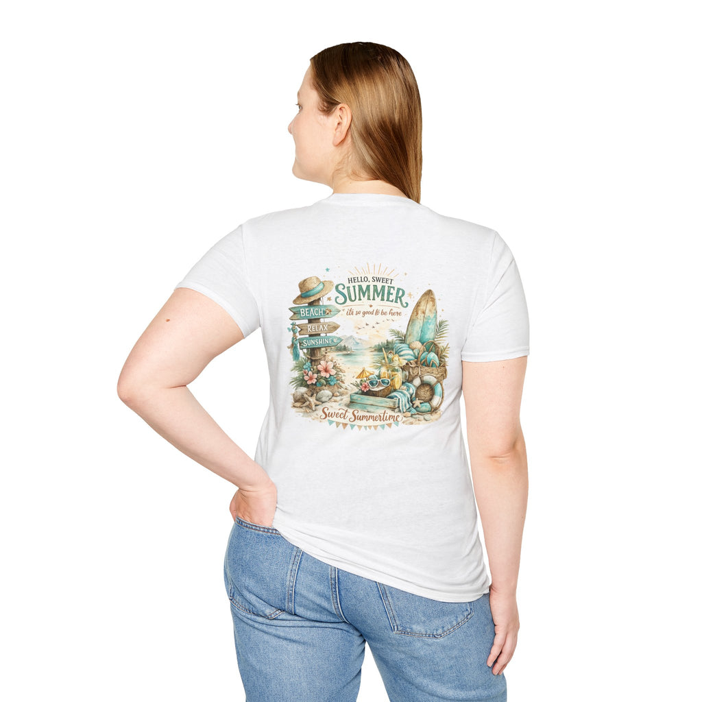 "Hello, Sweet Summer" Surf & Sunshine Graphic — Summer Beach T‑Shirt