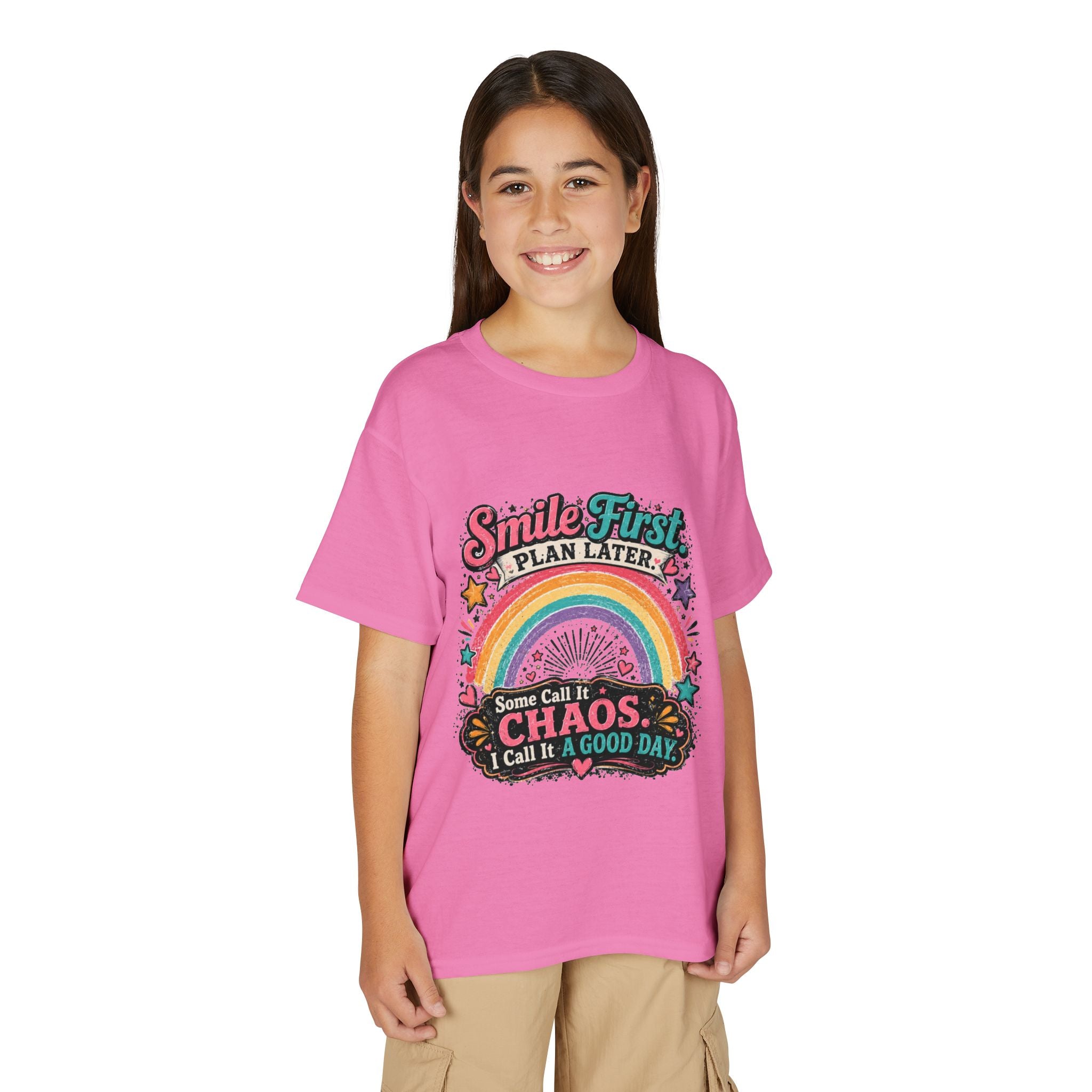 "Smile First, Plan Later" Rainbow Chaos Graphic Tee - Youth T-Shirt —