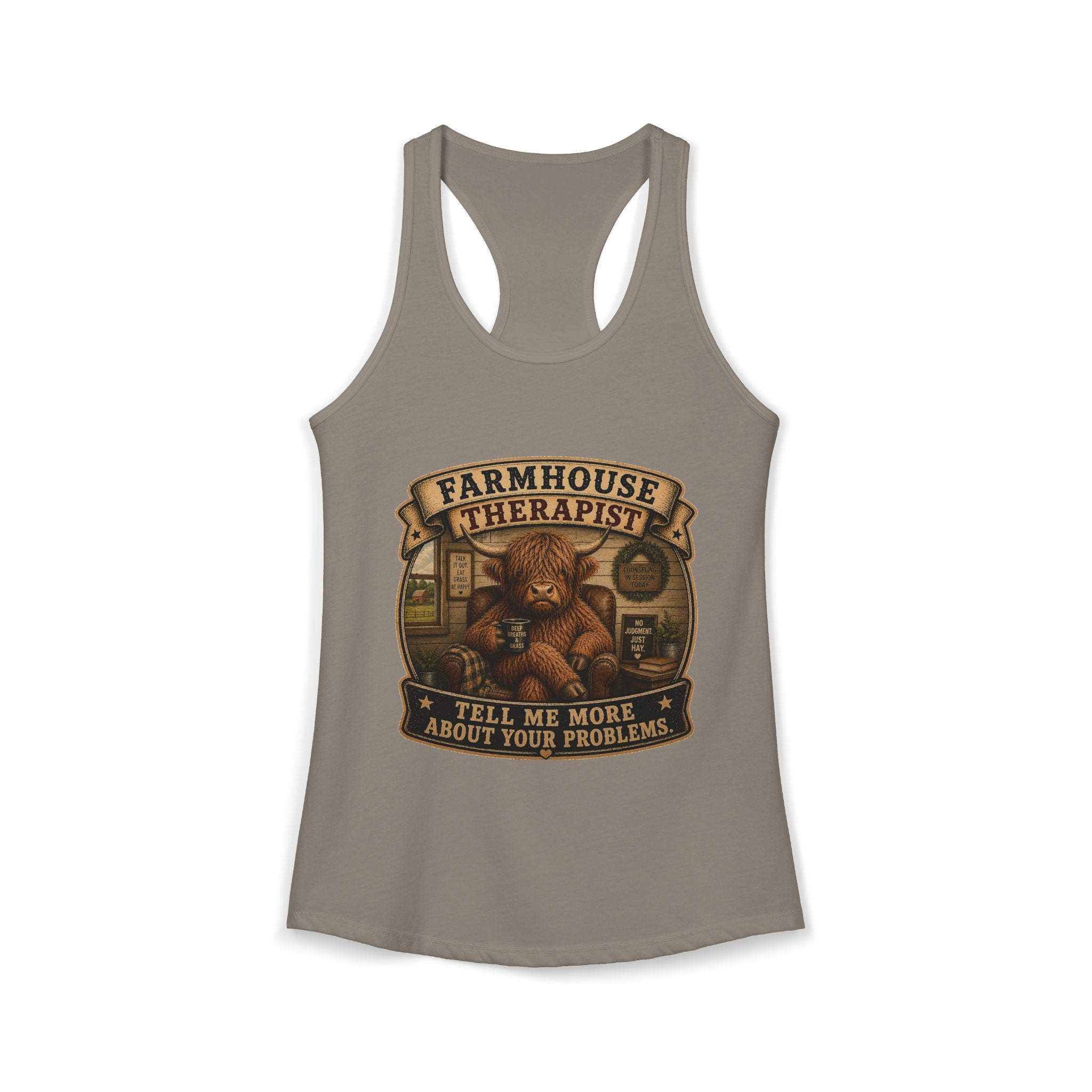 Farmhouse Therapist Highland Cow Women's Ideal Racerback Tank
