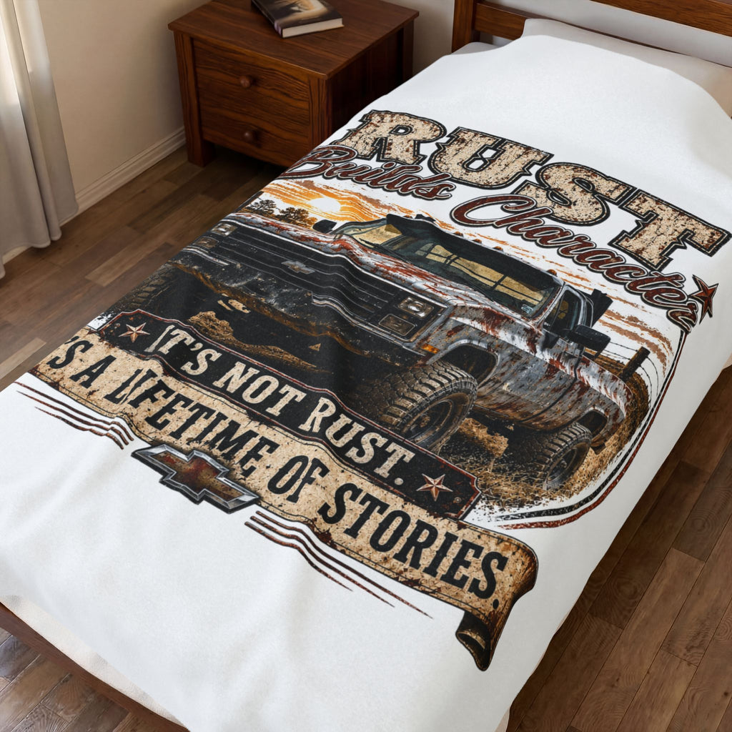 “Rust Builds Character: It’s Not Rust, It’s A Lifetime Of Stories” Vintage Truck Throw — Plush Blanket