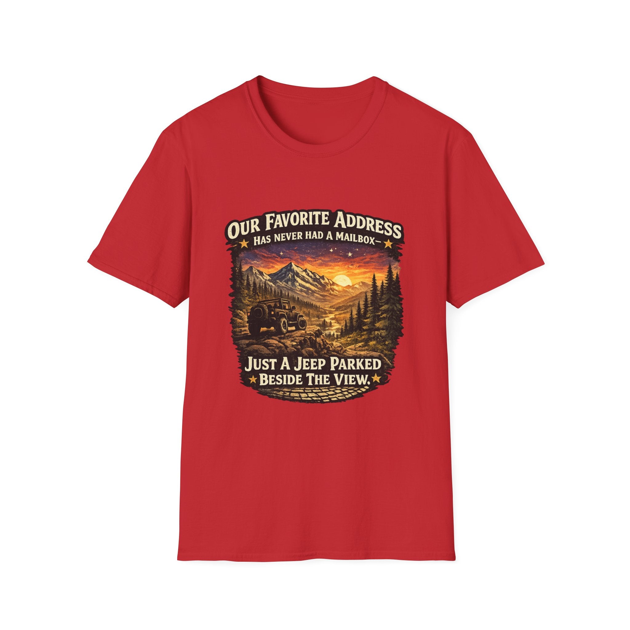 "Our Favorite Address Has Never Had a Mailbox" Scenic Mountain Camping Tee — T-Shirt