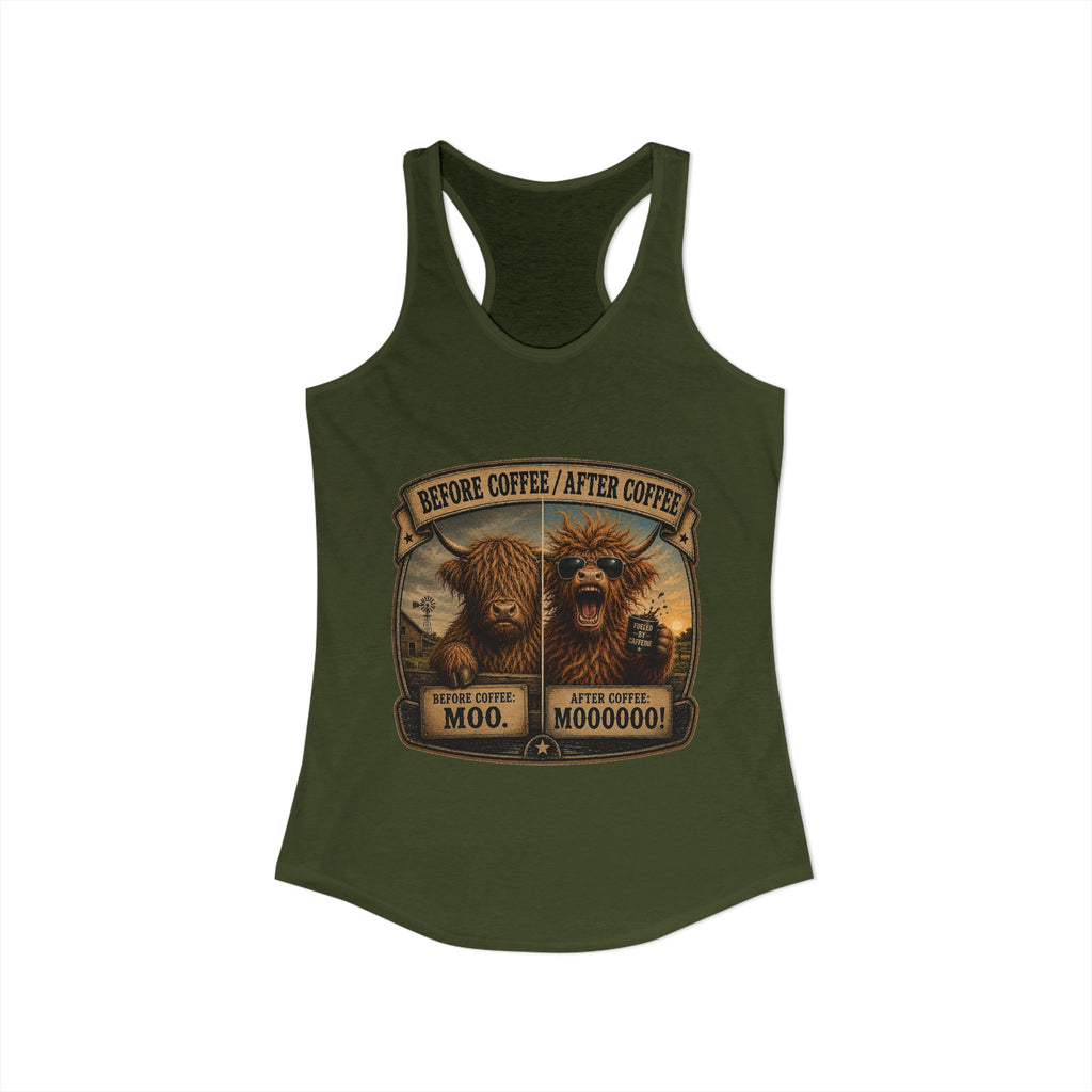 Before Coffee/After Coffee Highland Cow Women's Ideal Racerback Tank