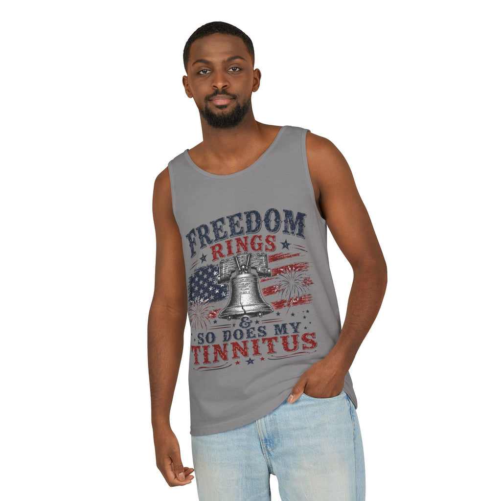 Freedom Rings Tank Top — "Freedom Rings So Does My Tinnitus" Patriotic American Flag Tee