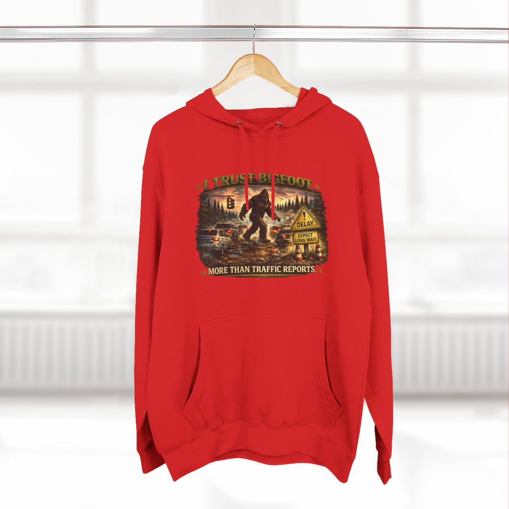 Bigfoot Forest Hoodie - "More Than Traffic Reports" Retro Sasquatch Graphic Hoodie