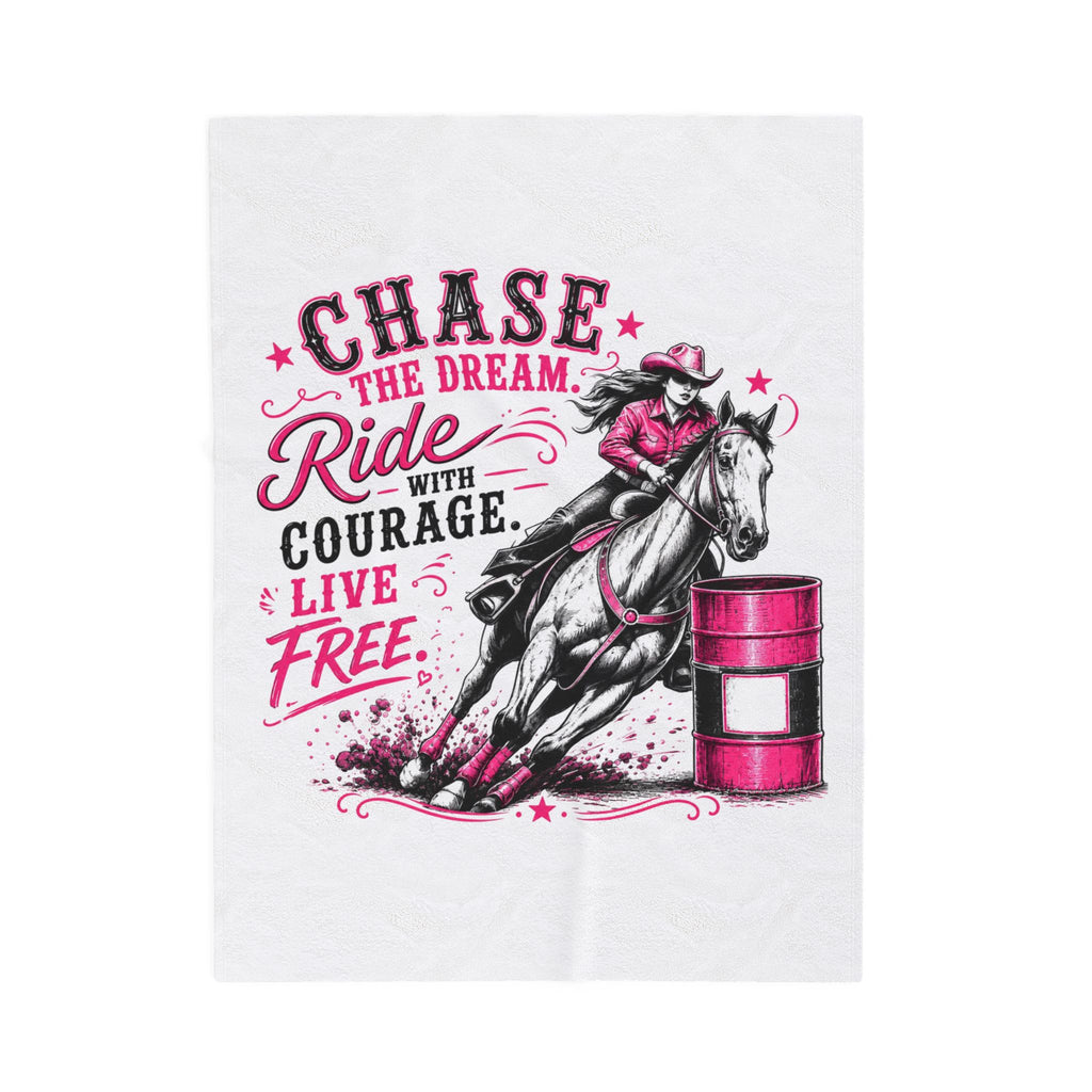 "Chase the Dream, Ride with Courage, Live Free" Barrel Racing Cowgirl Throw (Pink) — Velveteen Plush Blanket