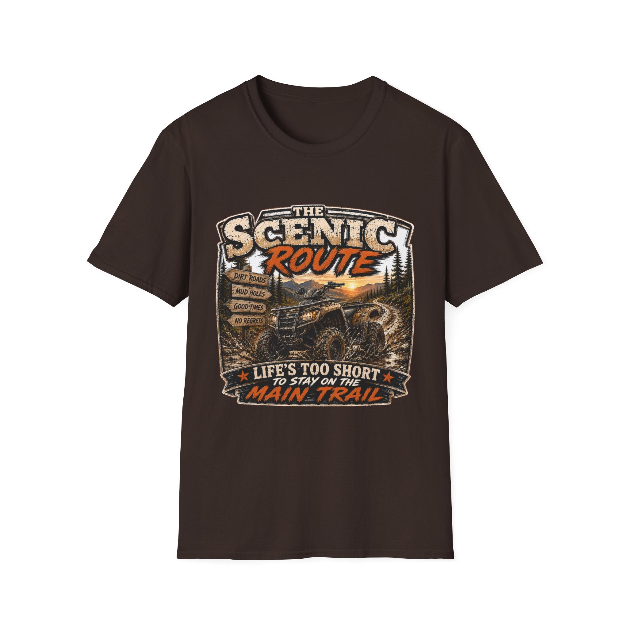 Scenic Route T-Shirt — 'Life’s Too Short to Stay on the Main Trail' Off‑Road Adventure Tee