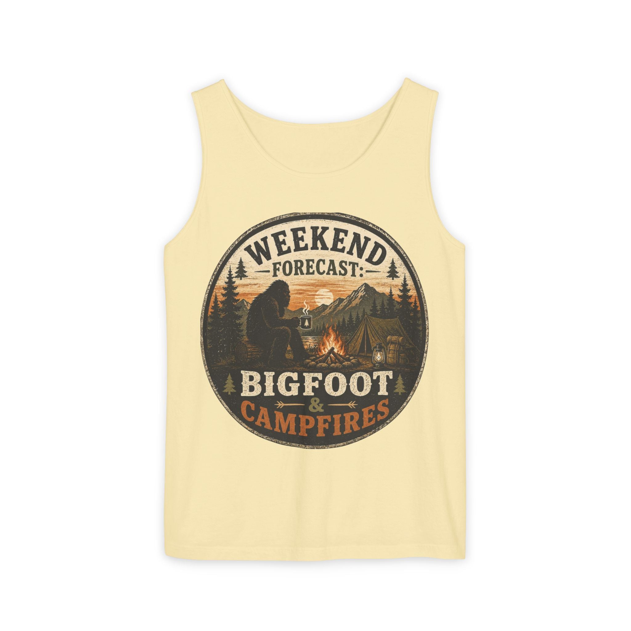 Bigfoot & Campfires Tank Top — "Weekend Forecast: Bigfoot & Campfires" Outdoor Camping Tank
