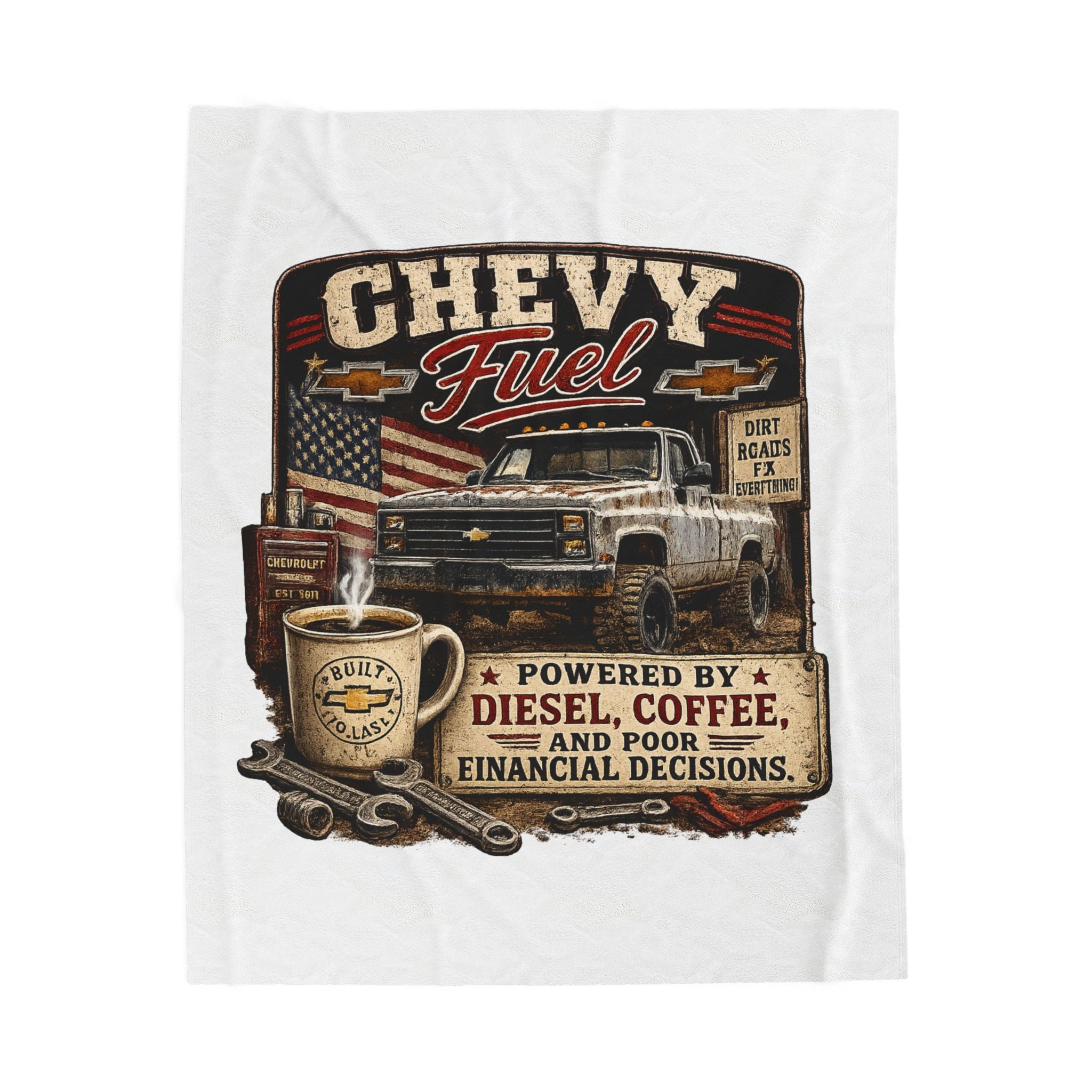 Chevy Fuel Velveteen Plush Blanket – 'Powered by Diesel, Coffee, and Poor Financial Decisions' Truck Graphic Throw