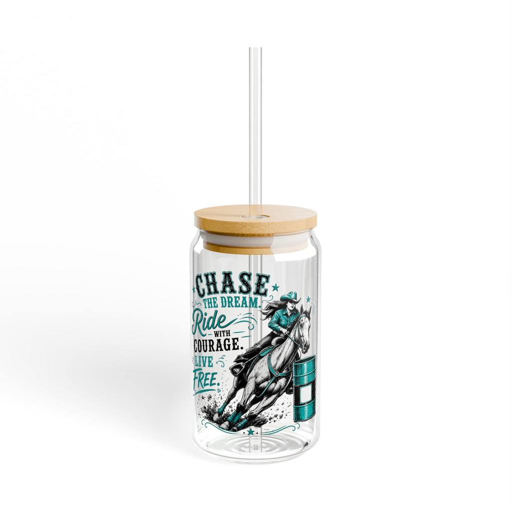 Chase the Dream Horse Teal Glass Straw Cup, 16oz