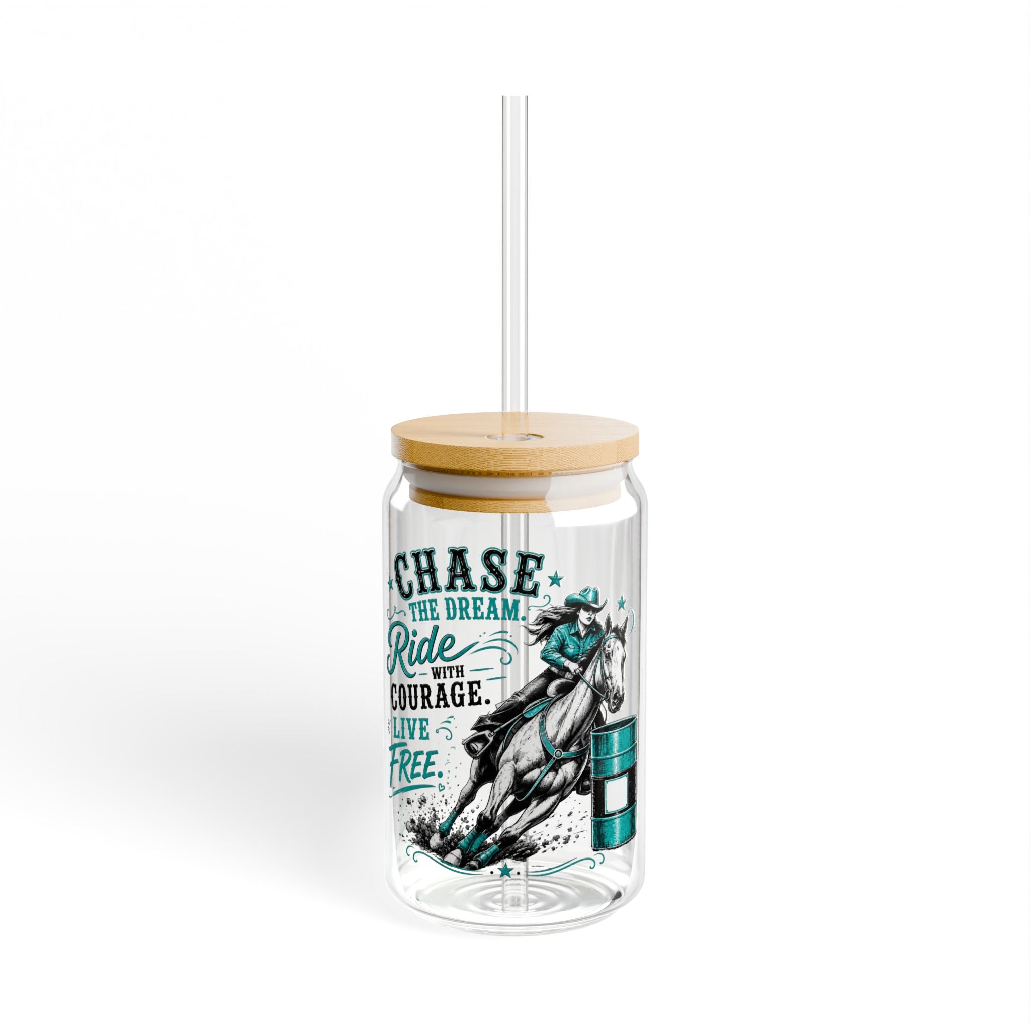 Chase the Dream Horse Teal Glass Straw Cup, 16oz