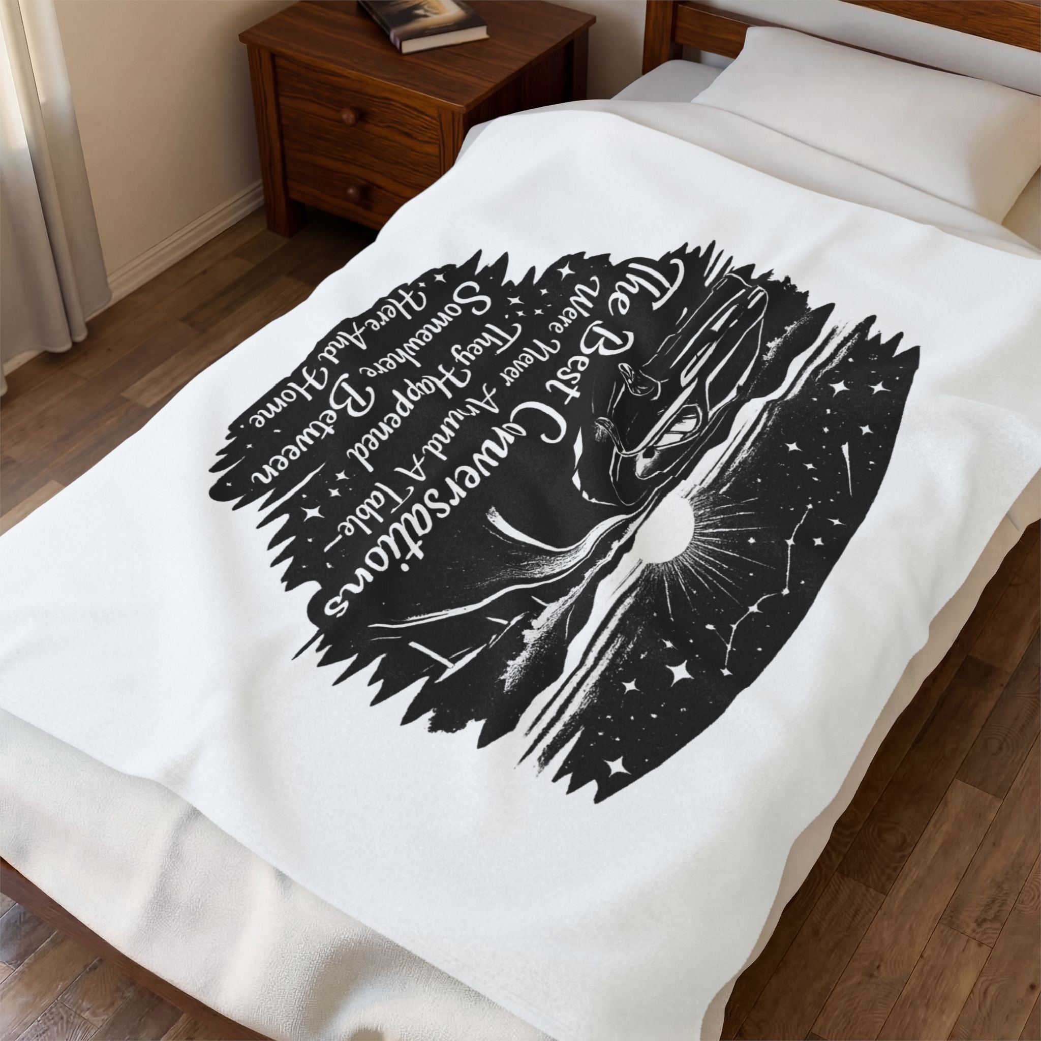 “The Best Conversations” Scenic Camping Quote Throw — Velveteen Plush Blanket