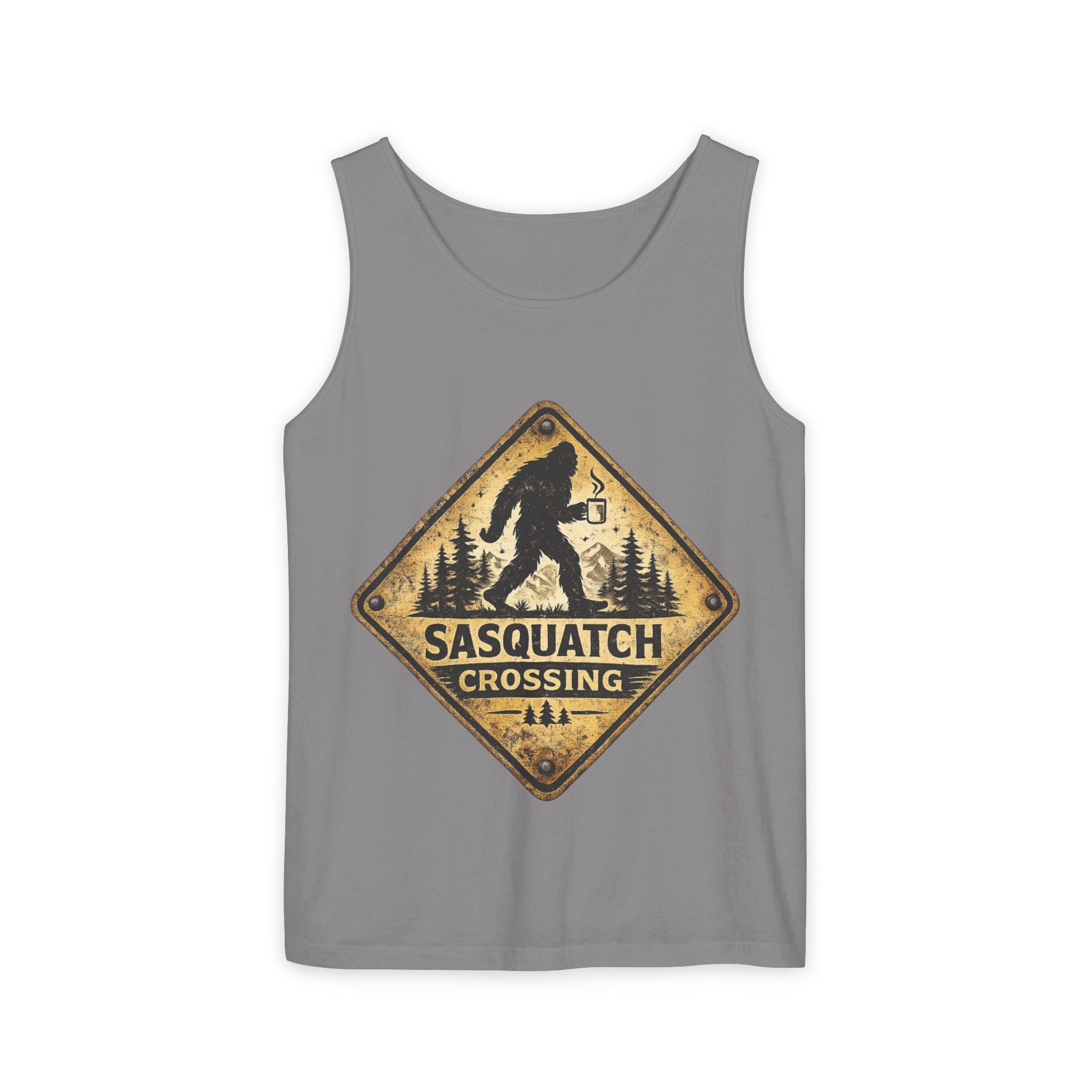 Sasquatch Crossing Tank Top — Vintage Bigfoot Forest Sign Sleeveless Tank