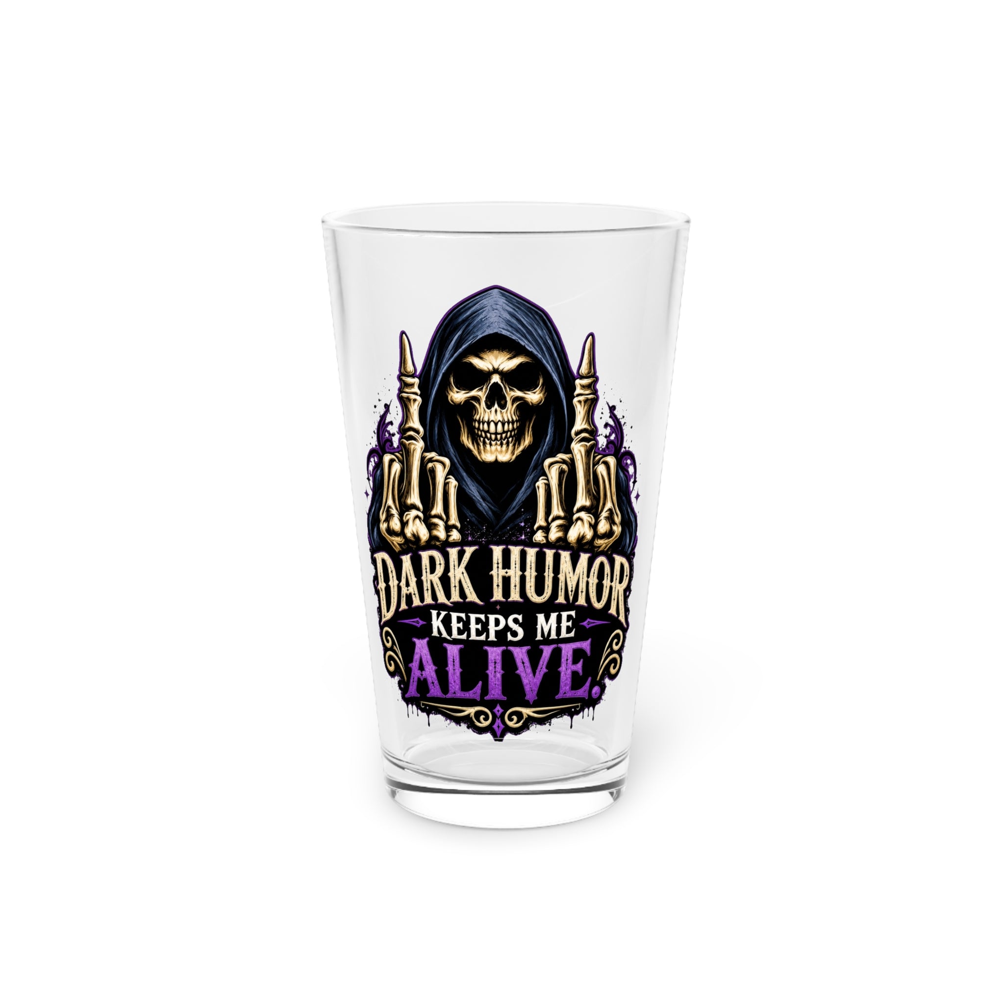 Dark Humor Keeps Me Alive Grim Reaper Purple Pint Glass, 16oz