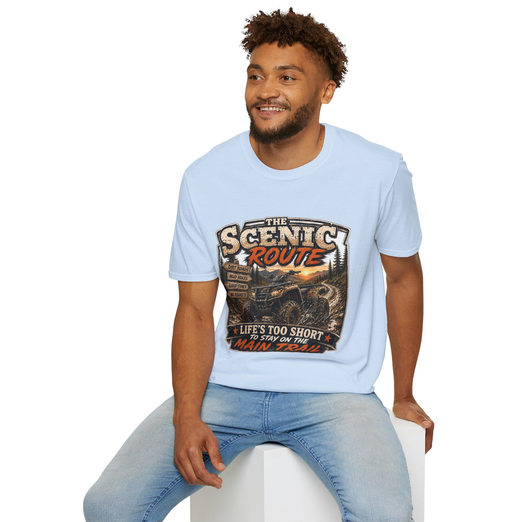 Scenic Route T-Shirt — 'Life’s Too Short to Stay on the Main Trail' Off‑Road Adventure Tee