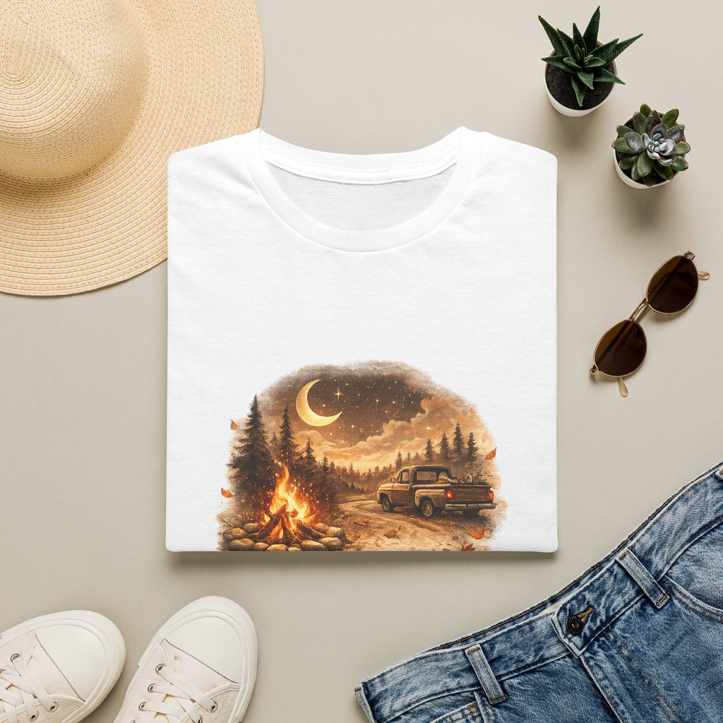 'Bonfires, Backroads, and October Skies' Outdoor Tee — Camping Scene T‑Shirt