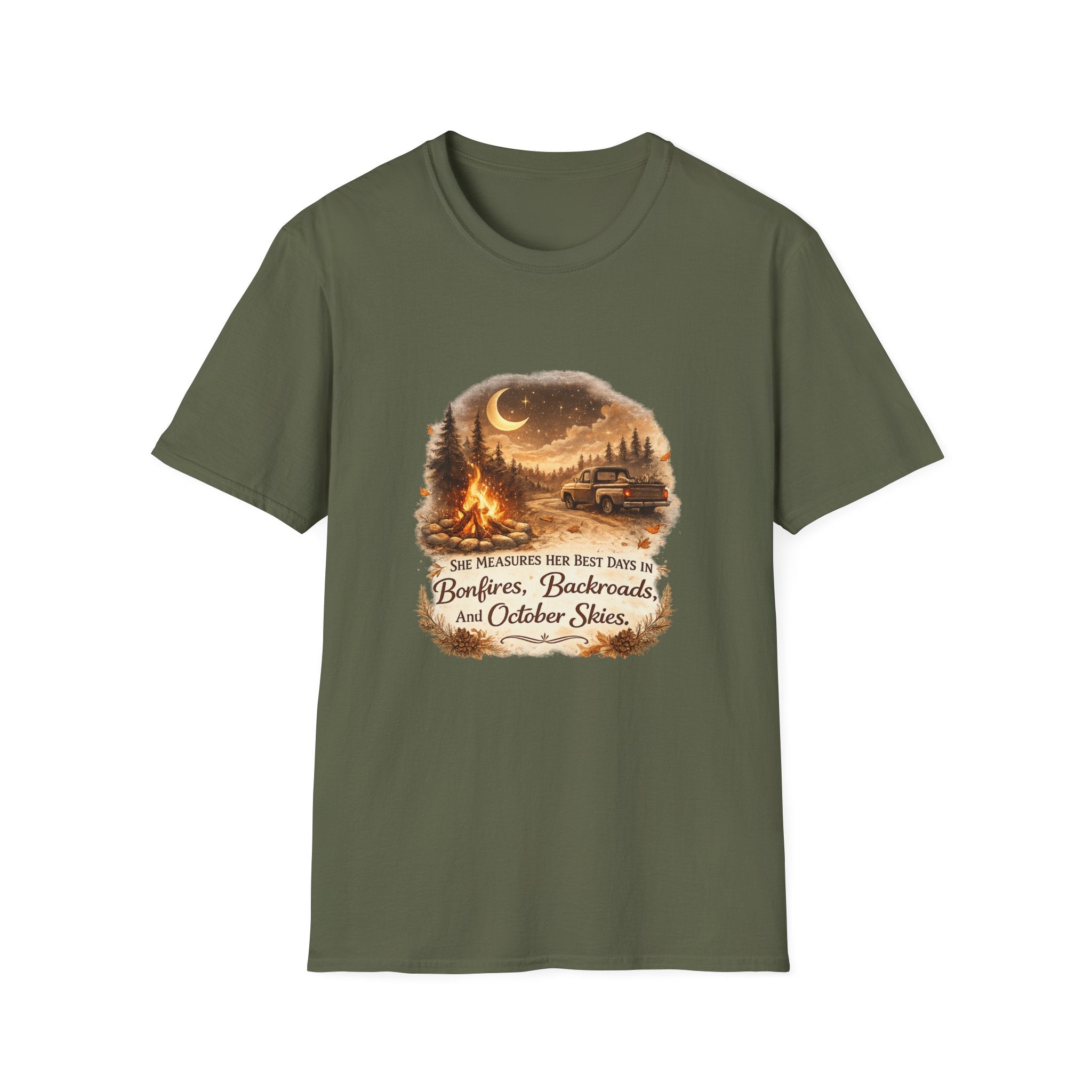 'Bonfires, Backroads, and October Skies' Outdoor Tee — Camping Scene T‑Shirt
