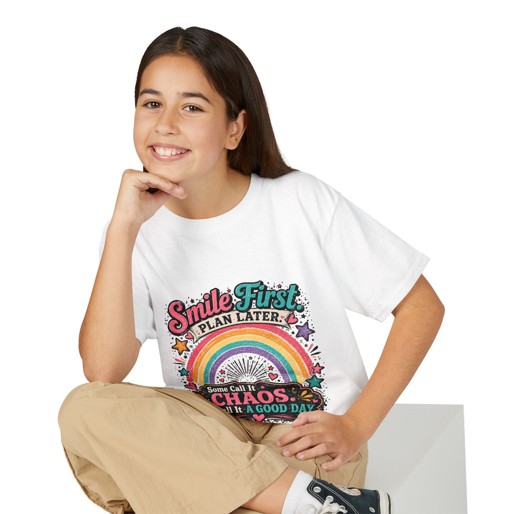 "Smile First, Plan Later" Rainbow Chaos Graphic Tee - Youth T-Shirt —