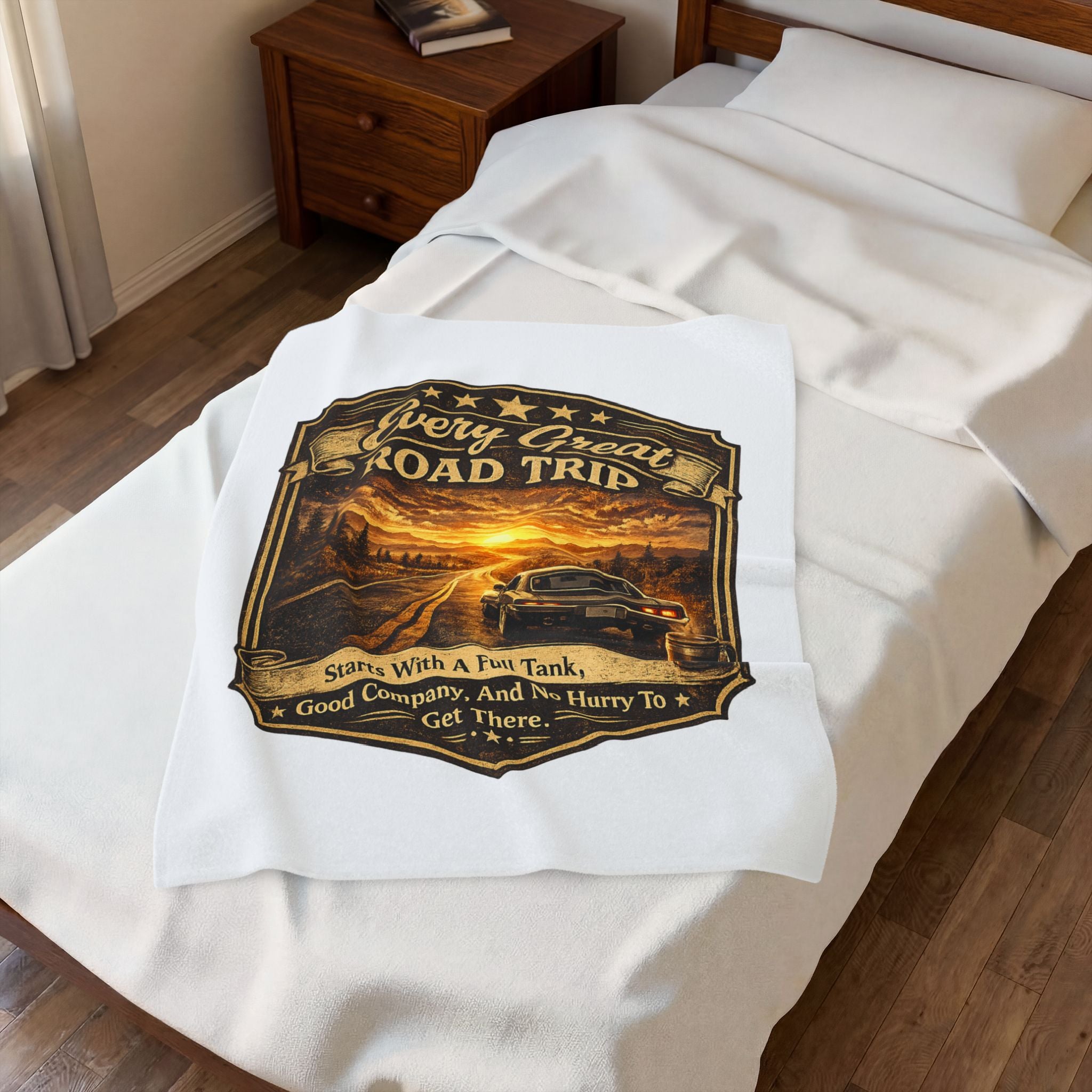 “Every Great Road Trip” Vintage Sunset Car Travel Throw — Velveteen Plush Blanket