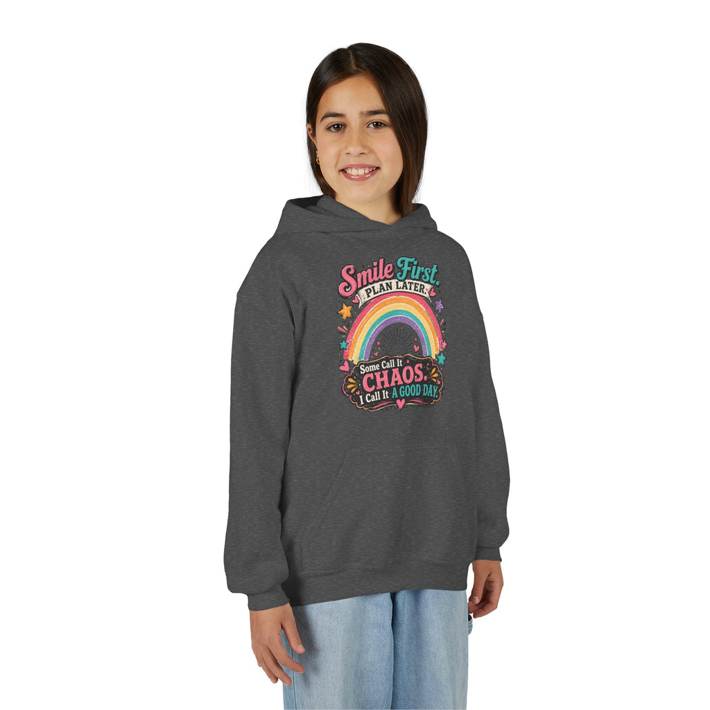 "Smile First, Plan Later" Rainbow Chaos Quote Pullover - Youth Hoodie -