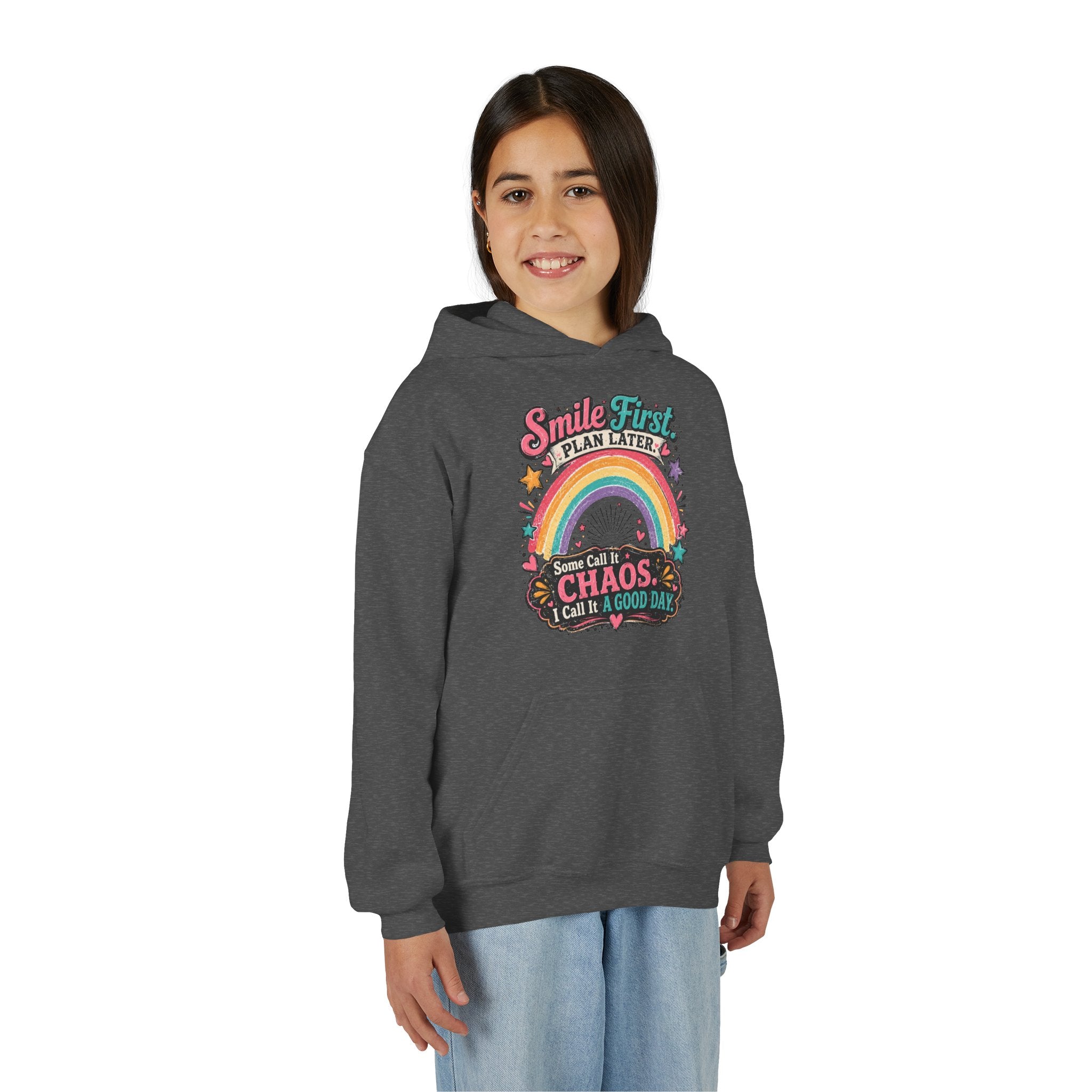 "Smile First, Plan Later" Rainbow Chaos Quote Pullover - Youth Hoodie -
