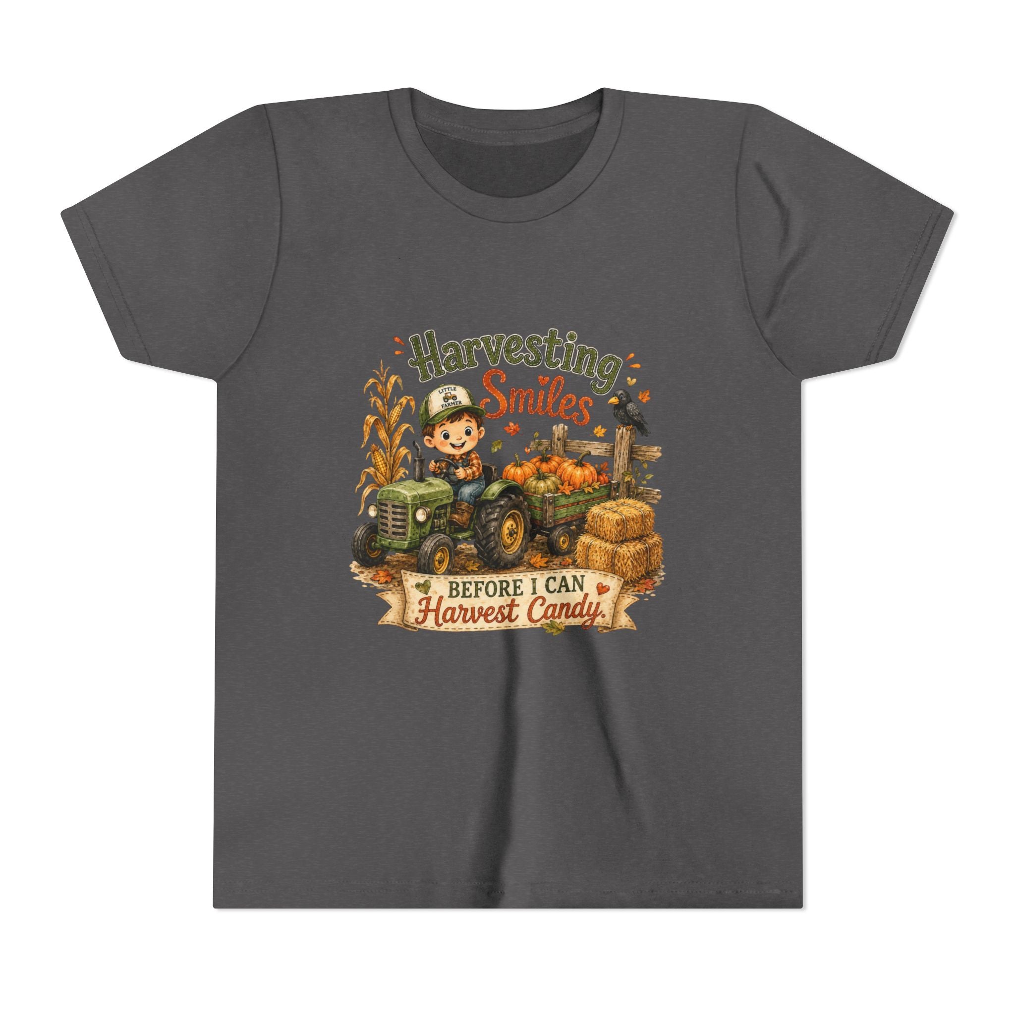 "Harvesting Smiles Before I Can Harvest Candy" Fall Tractor Halloween Kids Shirt — Youth Tee