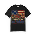 Small Town Big Freedom T-Shirt — Vintage American Flag Barn Tee