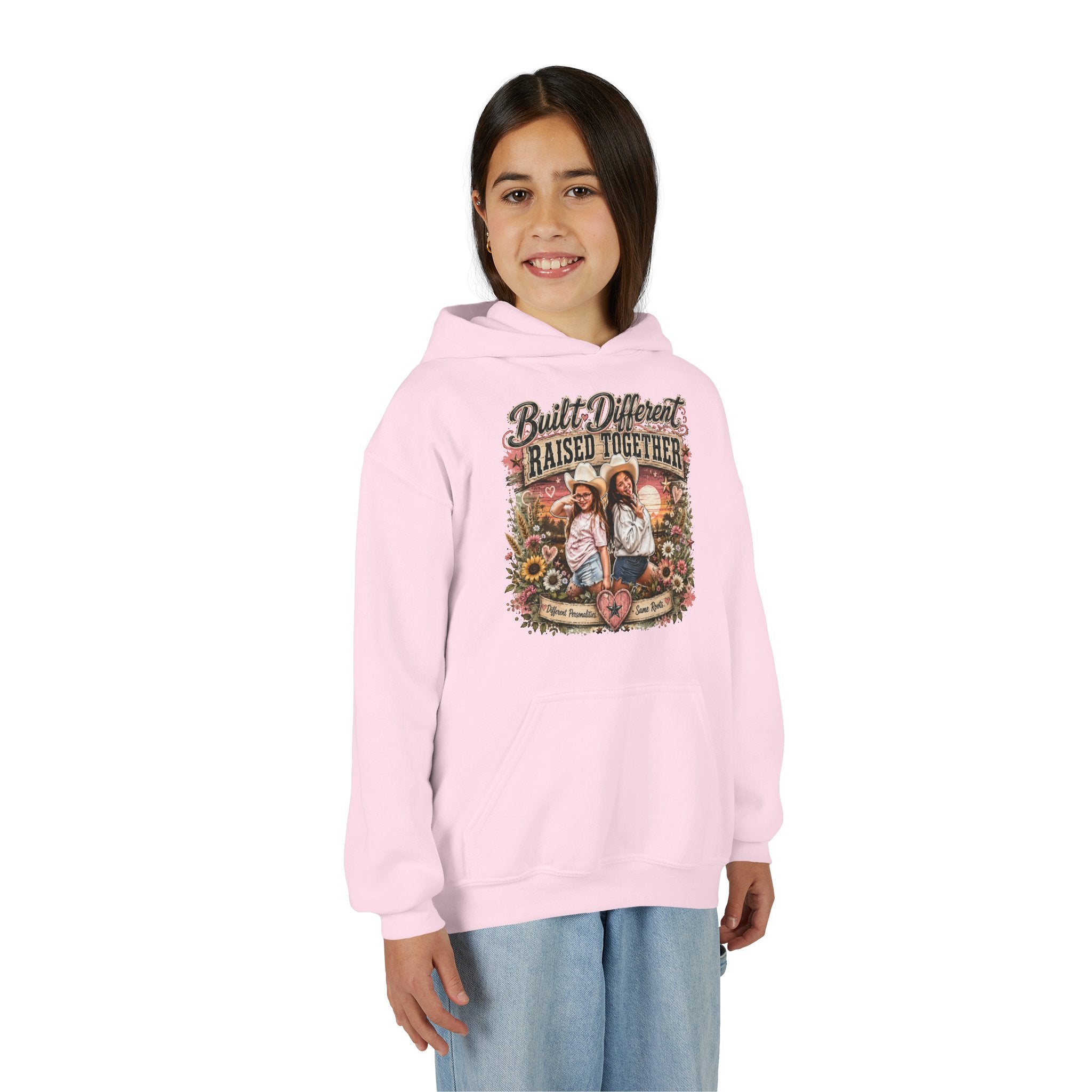 Youth Hoodie — “Built Different, Raised Together” Vintage Farm Kids Pullover