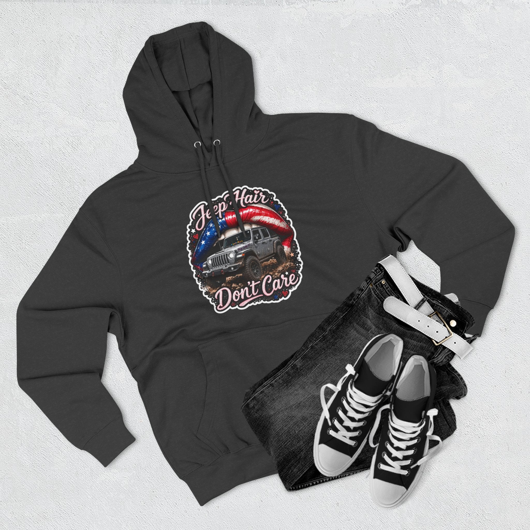 "Jeep Hair Don't Care" Graphic Fleece Pullover - Patriotic Jeep Hoodie