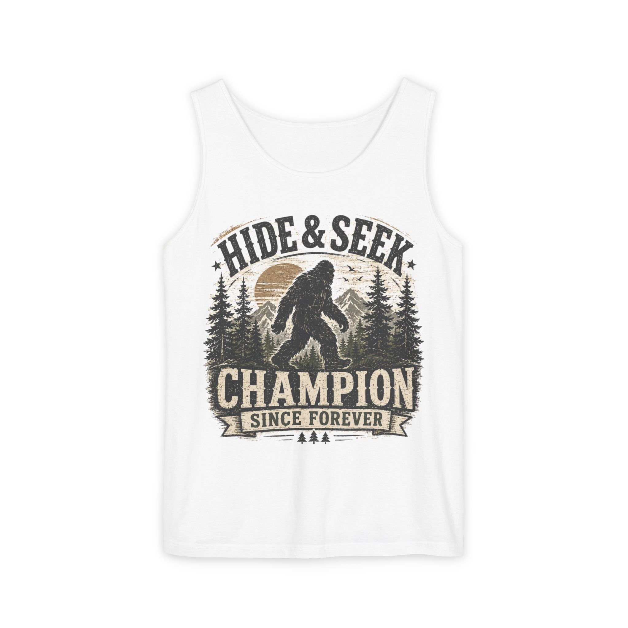 Hide & Seek Champion Tank Top — Funny Bigfoot Sasquatch Graphic Tank