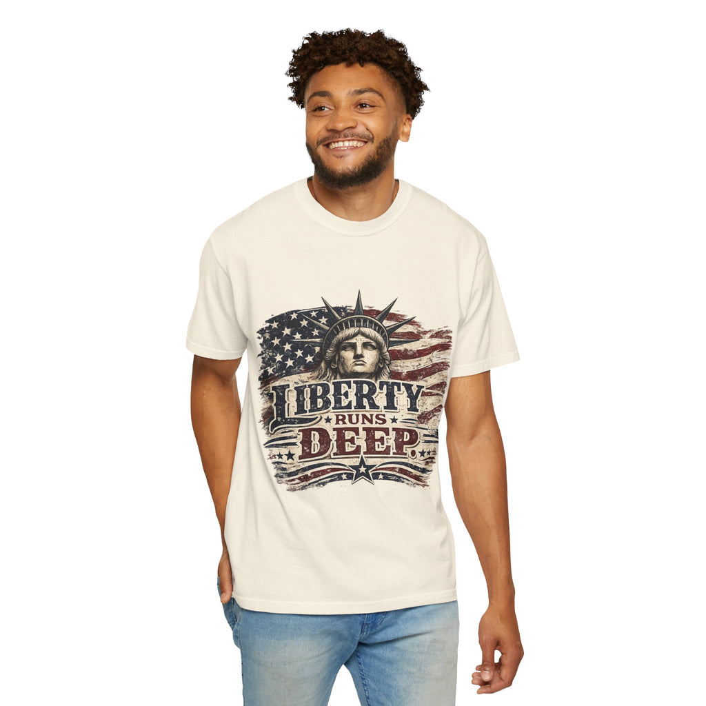 Liberty Runs Deep T-Shirt — Vintage Statue of Liberty American Flag Tee