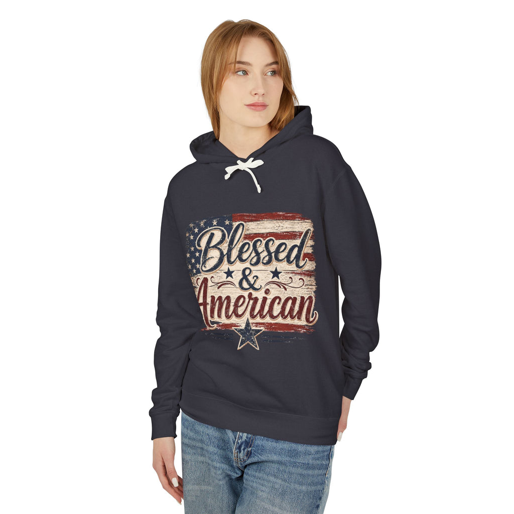 Blessed & American Hoodie — Patriotic Flag Graphic Lightweight Sweatshirt