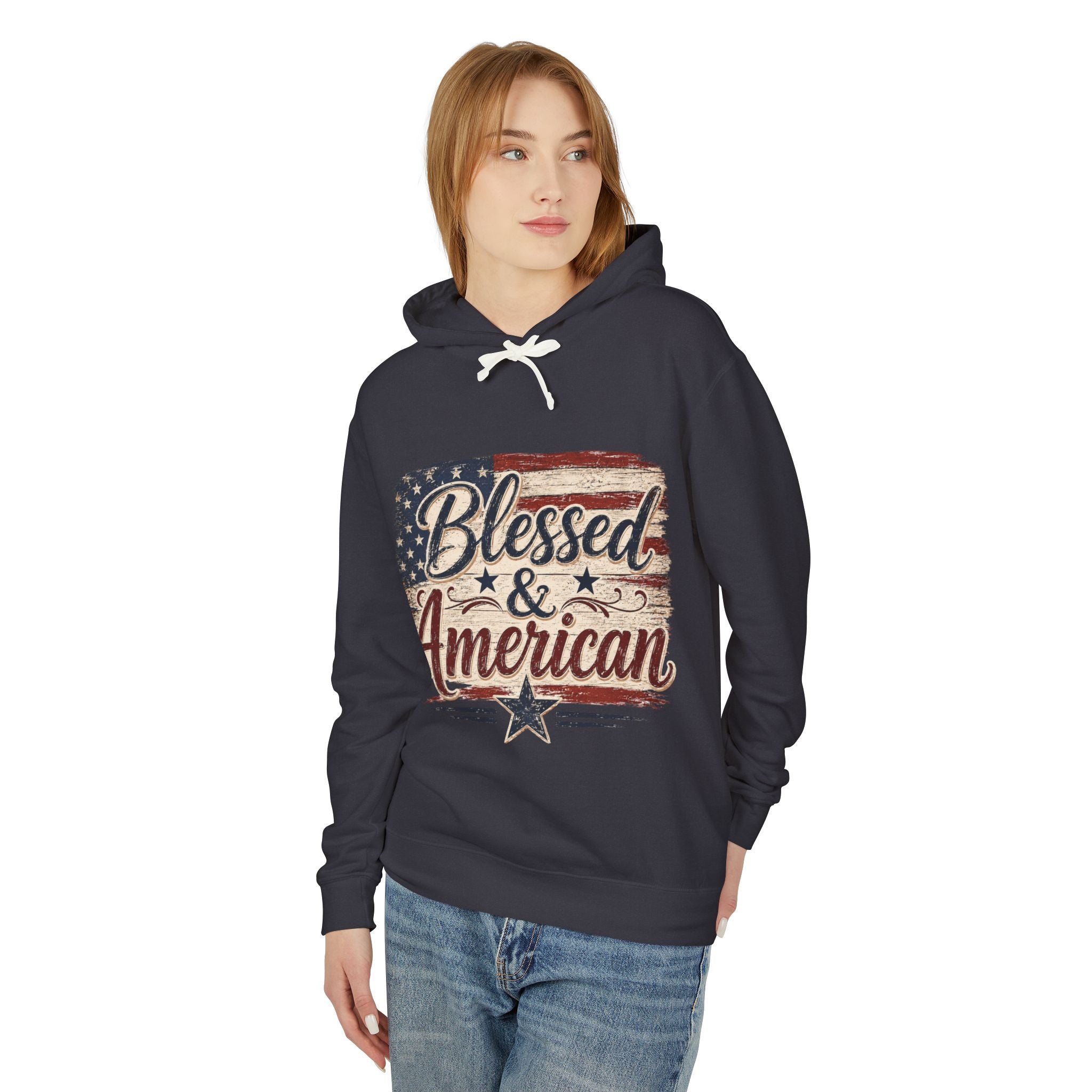 Blessed & American Hoodie — Patriotic Flag Graphic Lightweight Sweatshirt