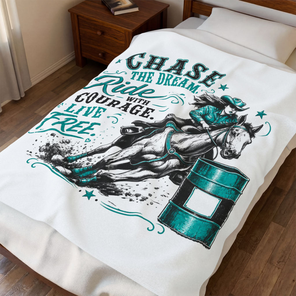 "Chase the Dream: Ride with Courage, Live Free" (Teal) Barrel Racing Horse Throw — Velveteen Plush Blanket