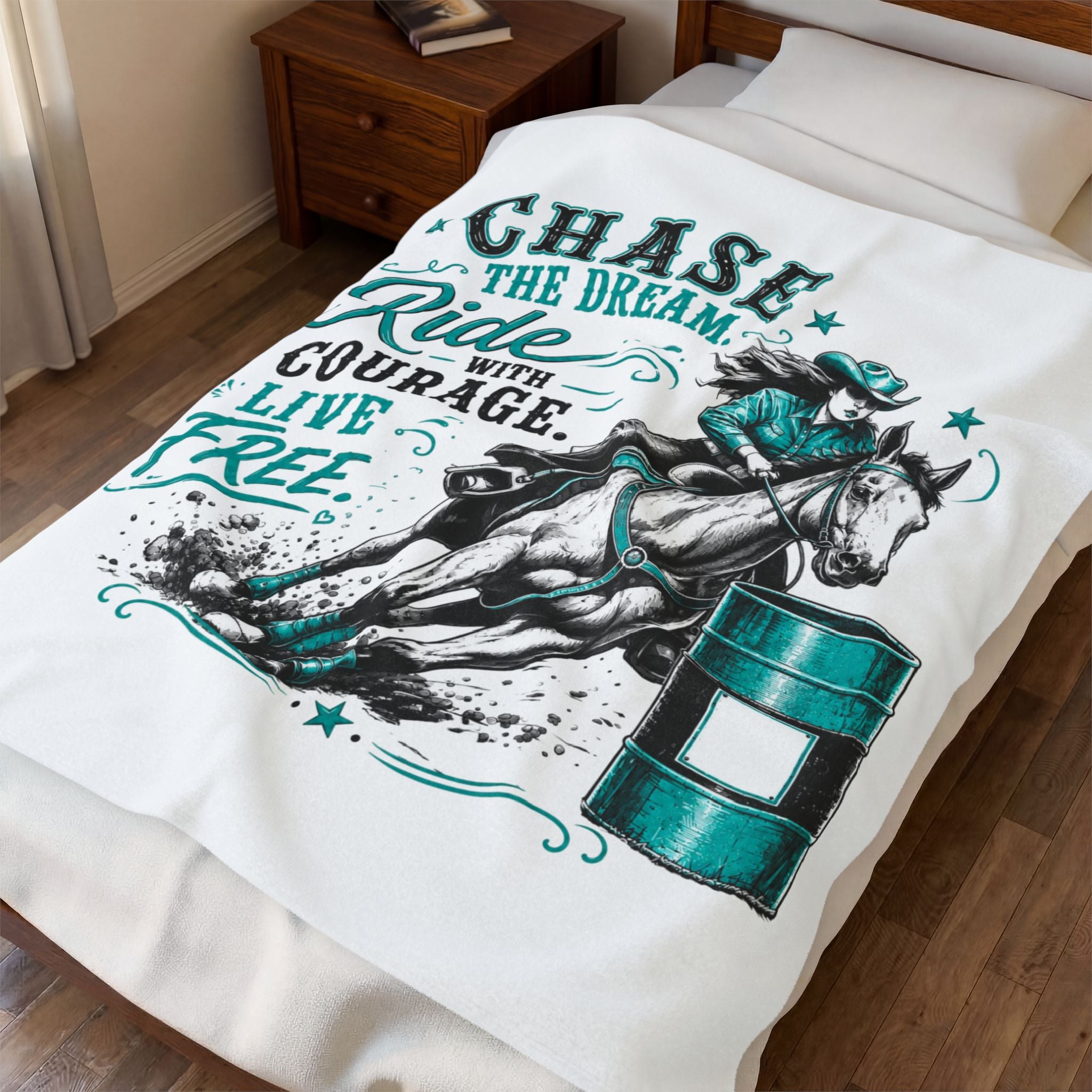 "Chase the Dream: Ride with Courage, Live Free" (Teal) Barrel Racing Horse Throw — Velveteen Plush Blanket