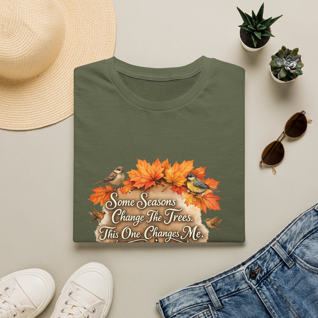 "Some Seasons Change The Trees, This One Changes Me" Autumn Bird Tee — Fall Leaves T-Shirt