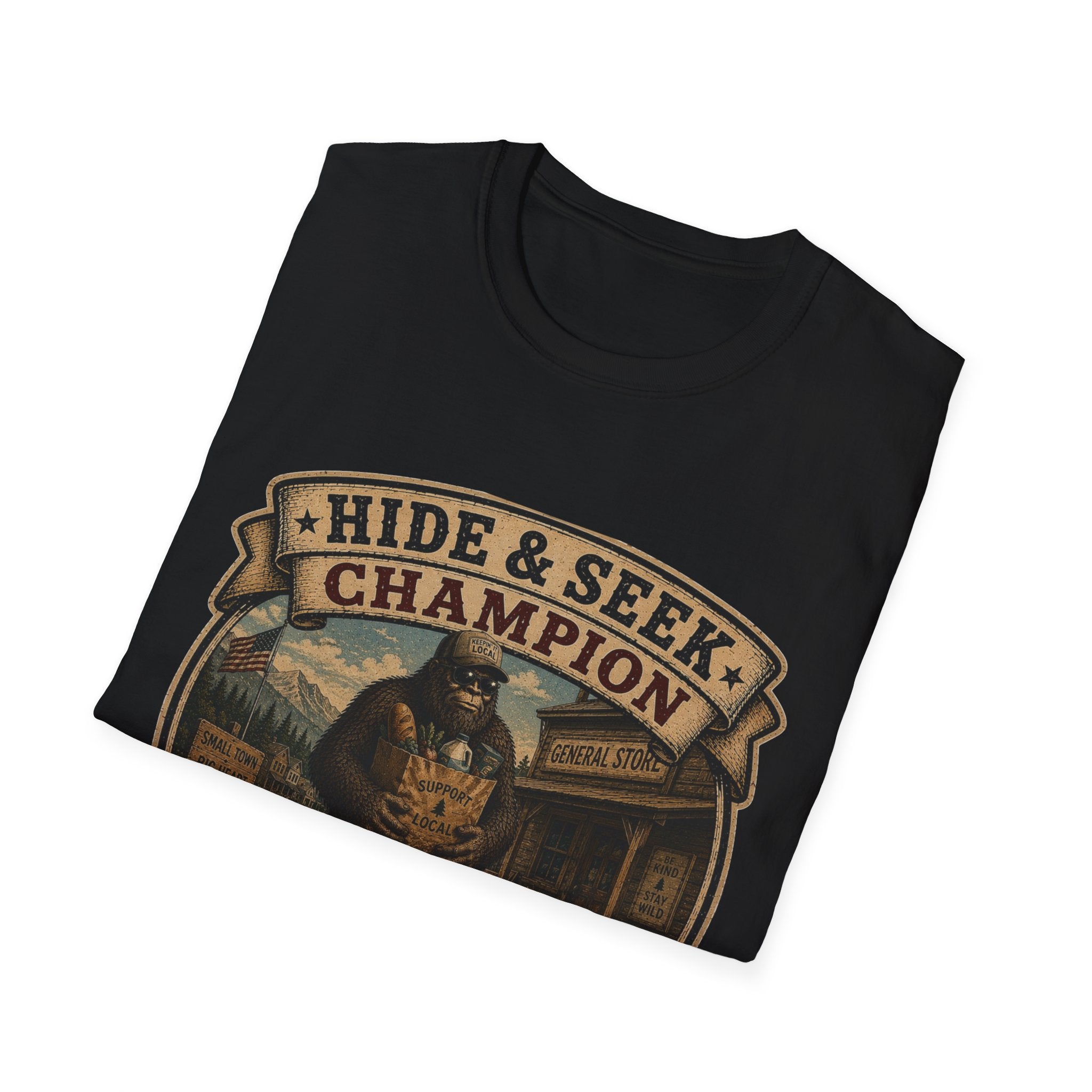 Hide & Seek Champion T-Shirt — Bigfoot Sasquatch Vintage Badge Design