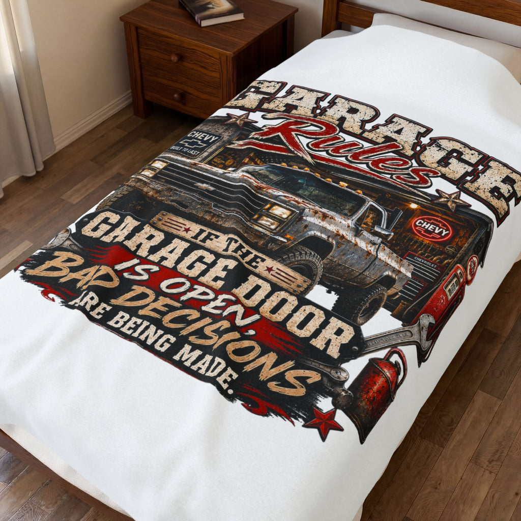 Garage Rules Velveteen Plush Blanket — "If the Garage Door Is Open, Bad Decisions Are Being Made" Cozy Mechanic Throw