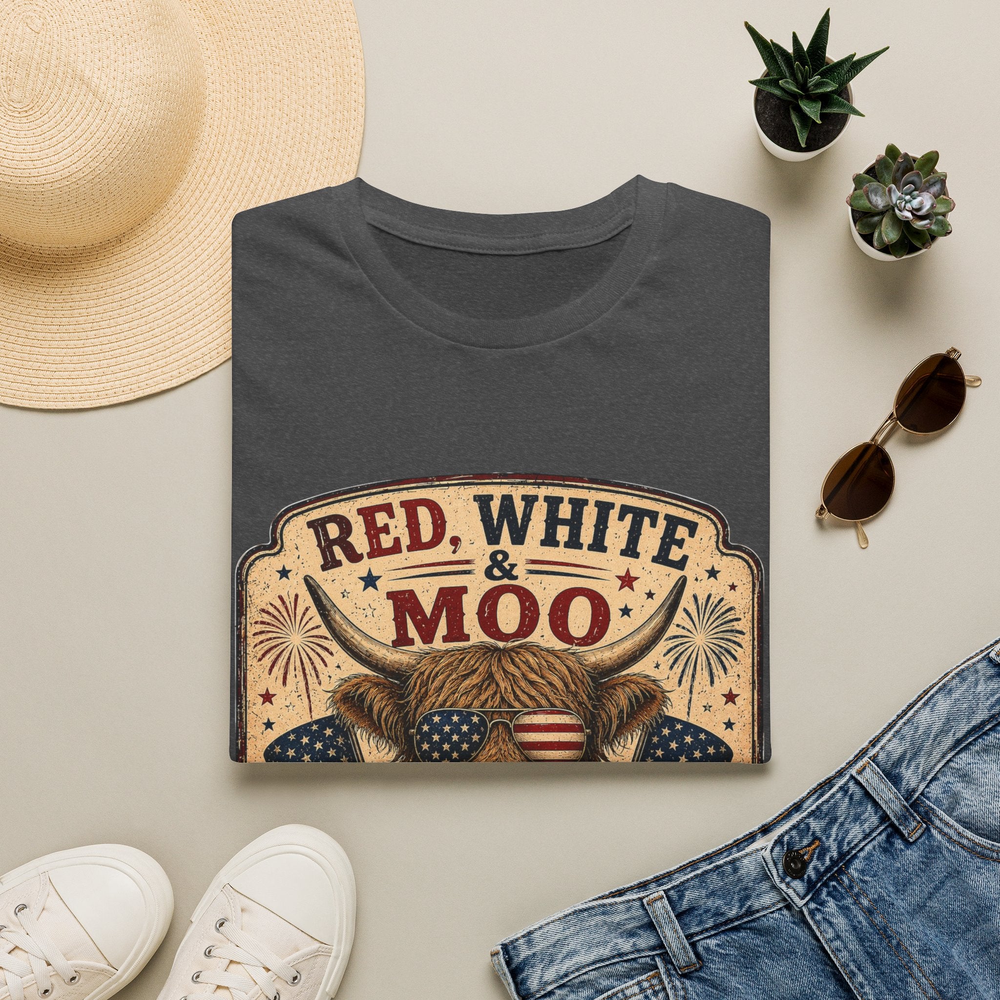 Red, White, & Moo Highland Cow Unisex Softstyle T-Shirt
