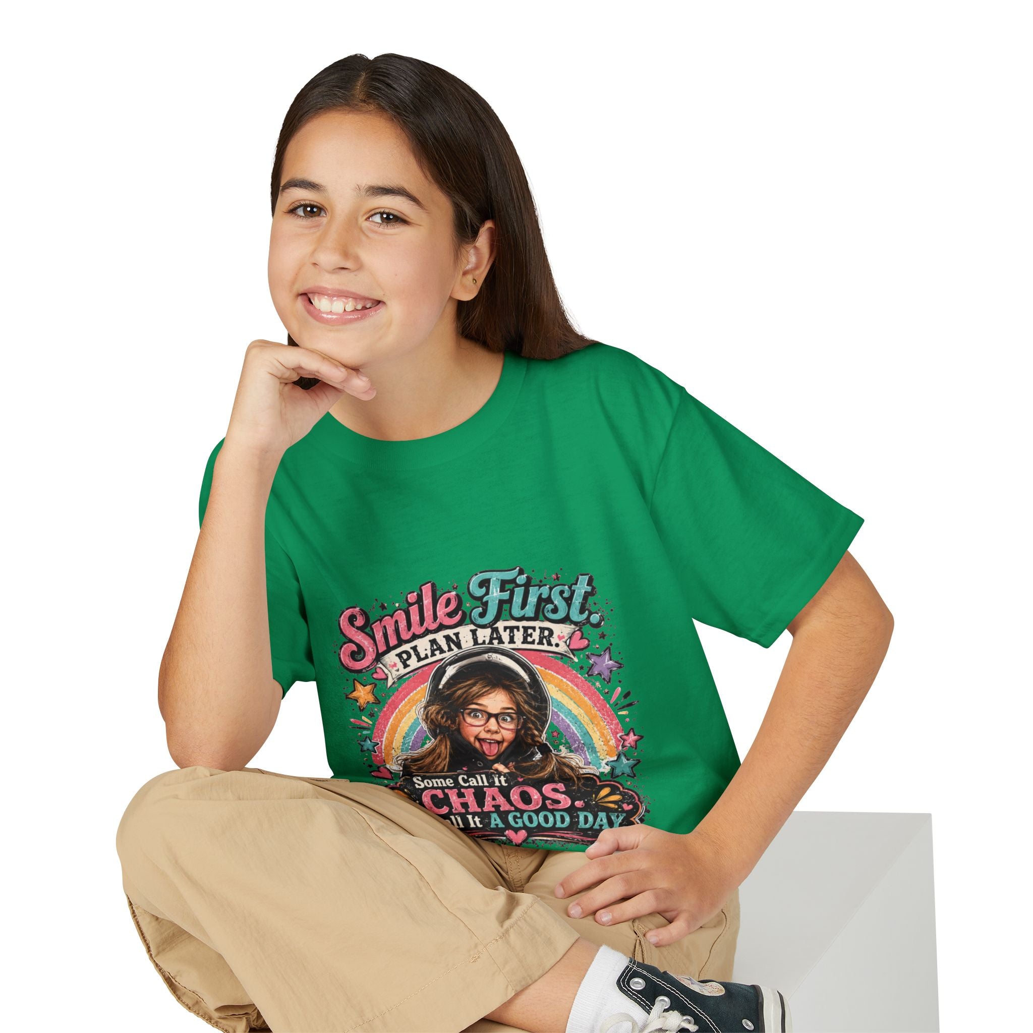 "Smile First, Plan Later" Funny Chaos Rainbow Kids Tee — Youth T-Shirt