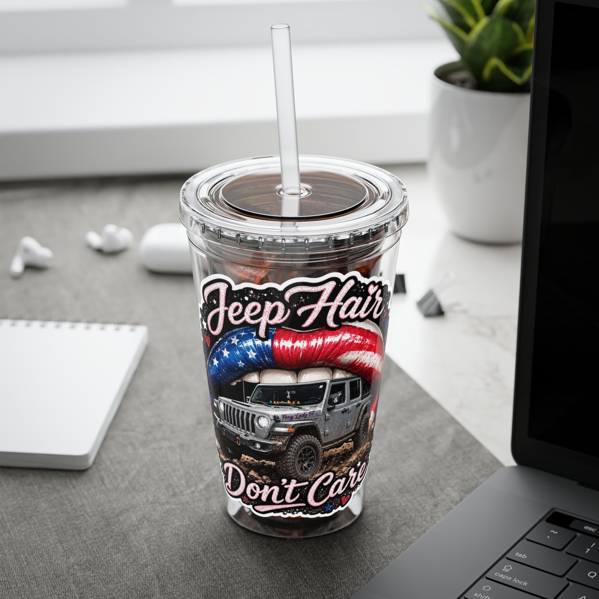 Jeep Hair Don't Care 16oz Tumbler with Straw — Patriotic Off-Road Truck Design