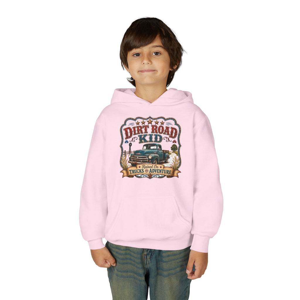 Youth Hoodie — “Dirt Road Kid” Vintage Truck Adventure Sweatshirt