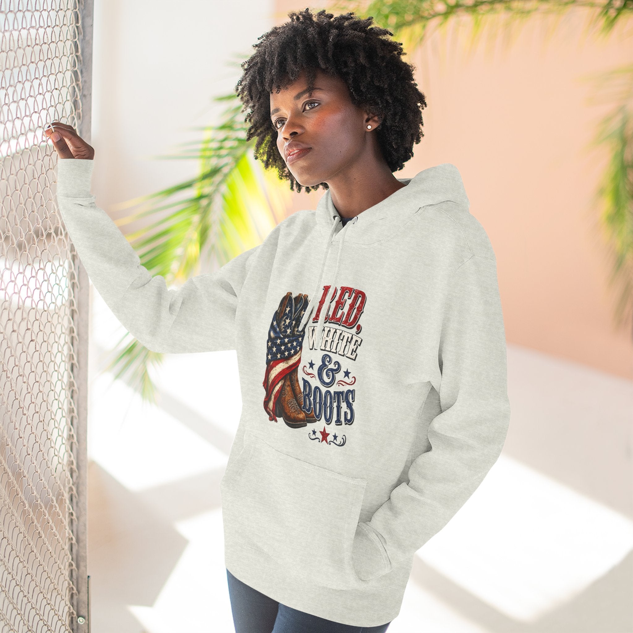 Patriotic 'Red White & Boots' Hoodie — American Flag Cowboy Boots Pullover