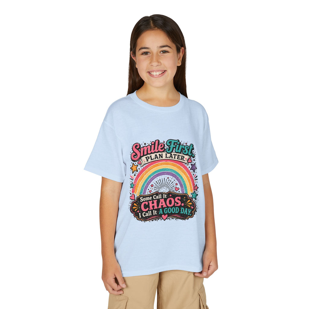 "Smile First, Plan Later" Rainbow Chaos Graphic Tee - Youth T-Shirt —