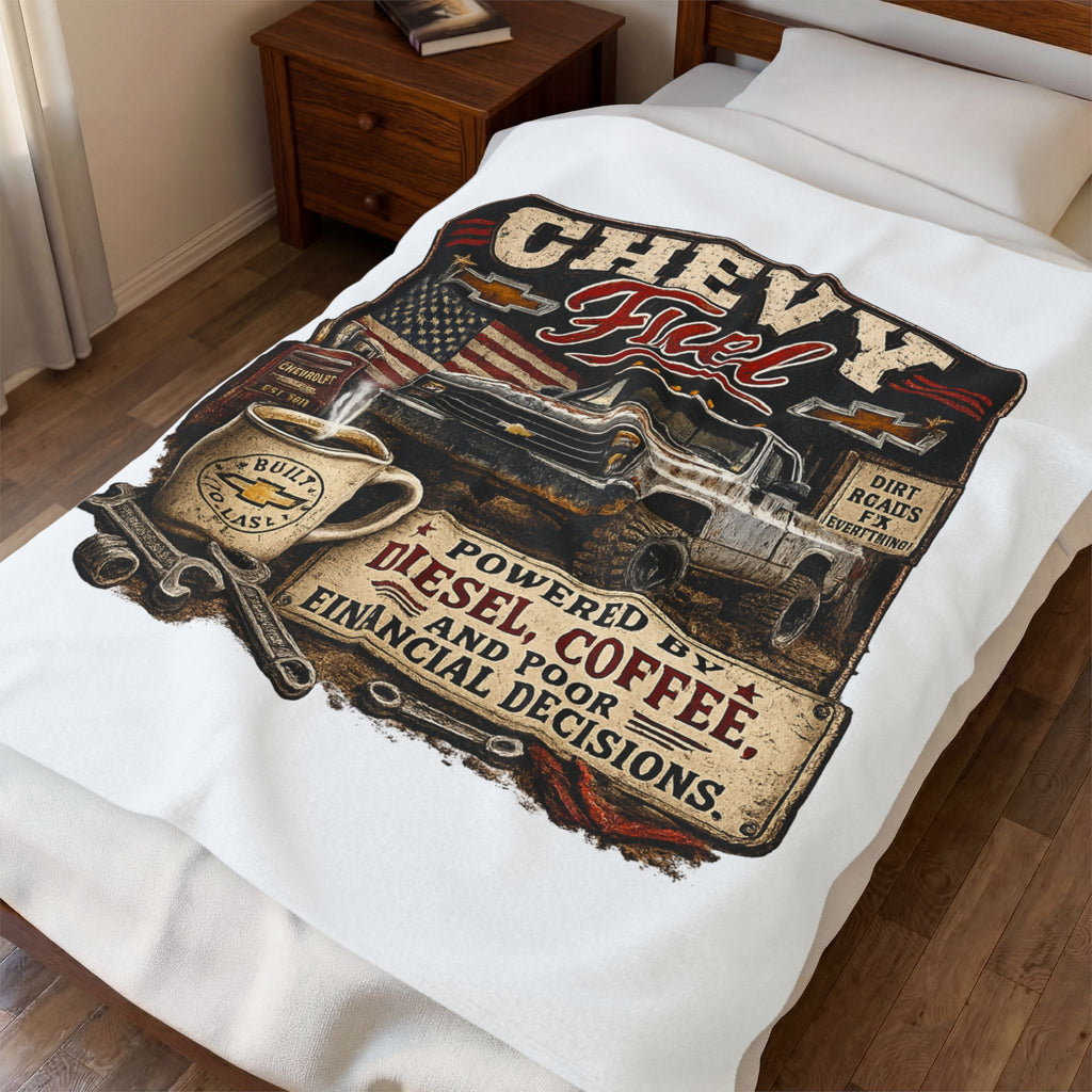 Chevy Fuel Velveteen Plush Blanket – 'Powered by Diesel, Coffee, and Poor Financial Decisions' Truck Graphic Throw